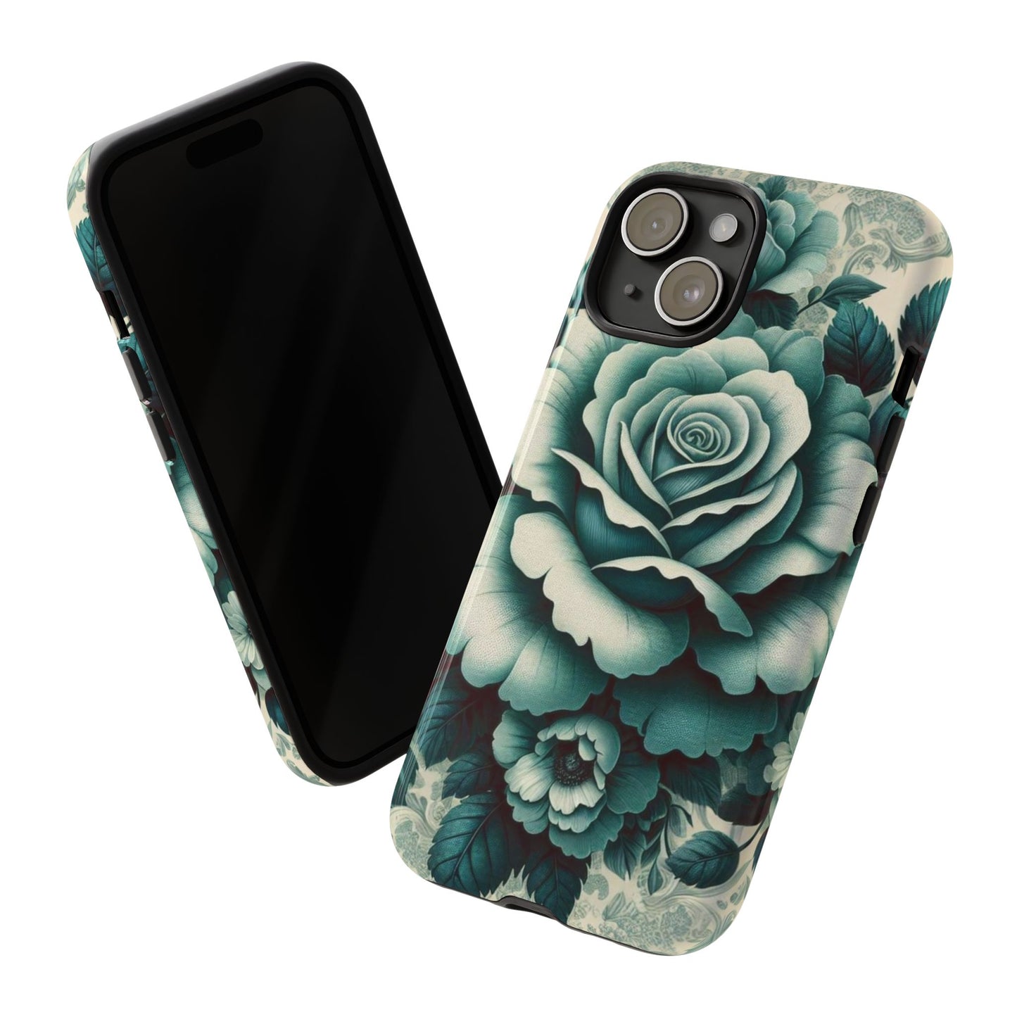 Elegant Floral Motif Phone Case - Tough Cases with Vintage Design - Teal Roses & Damask