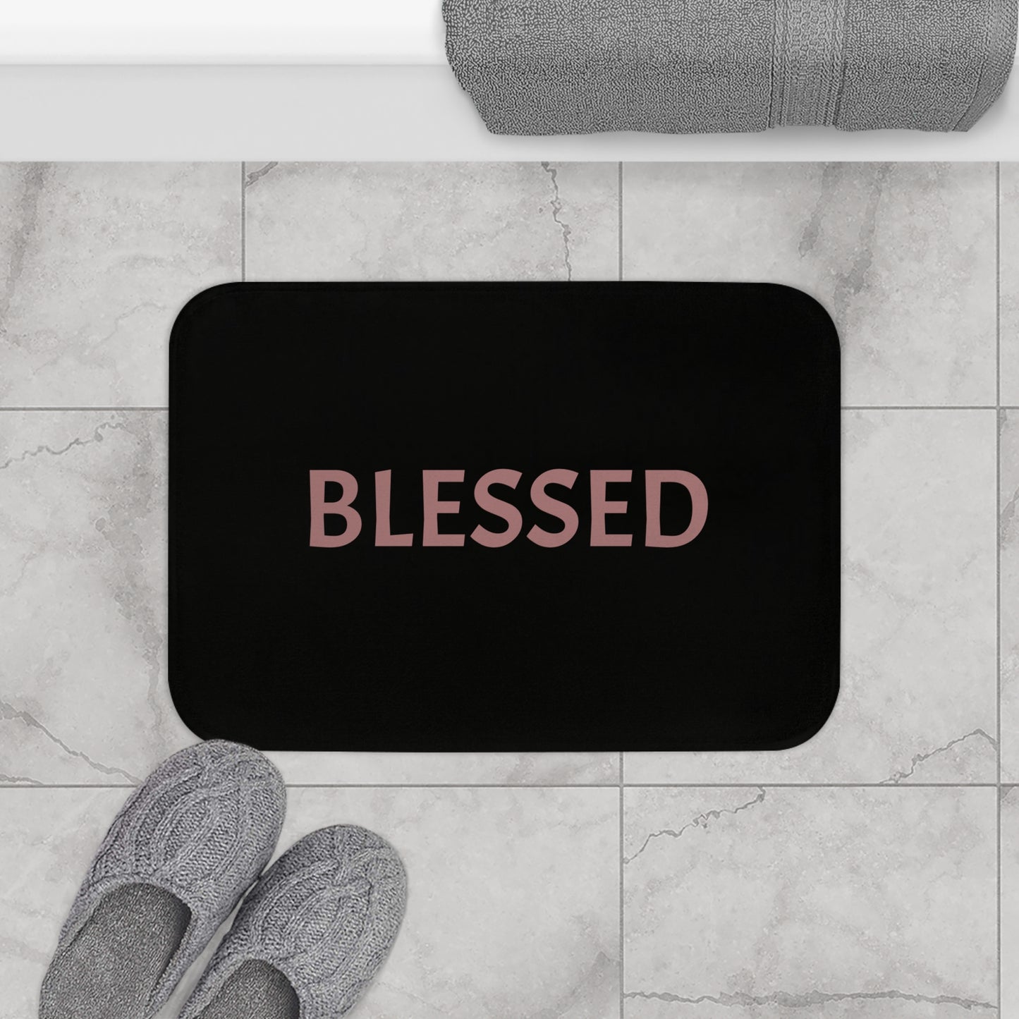 Blessed Bath Mat, Inspirational Home Decor, Religious Gift, Bathroom Accessory, Cozy Rug, Housewarming Gift - Mauve Lettering