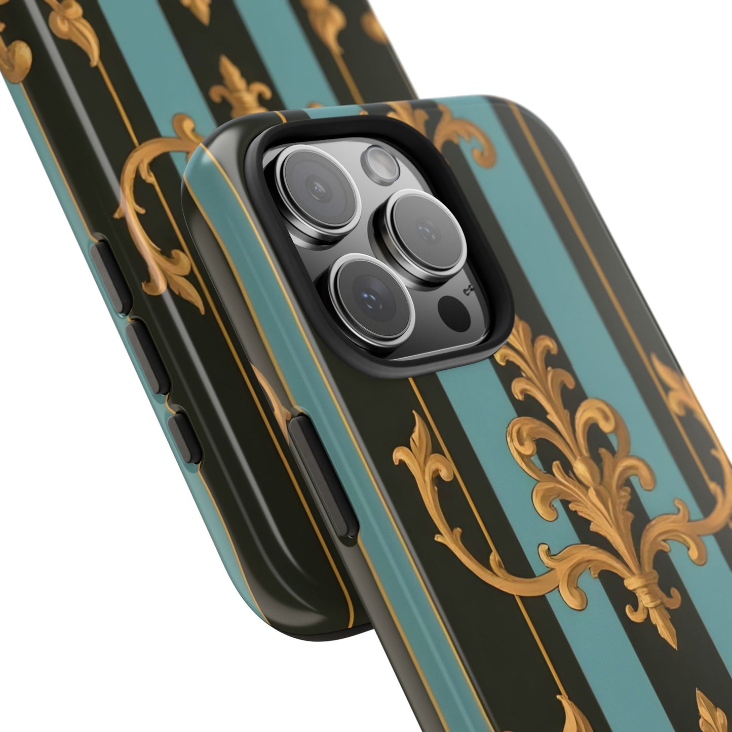 Elegant Baroque Tough Phone Case, Stylish Phone Cover, Durable iPhone Case, Unique Gift - Black & Turquoise Striped Baroque