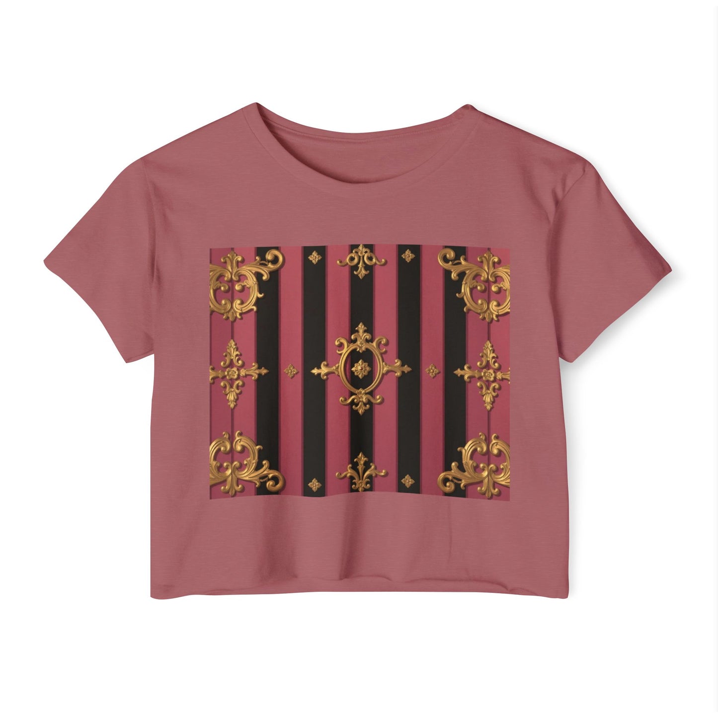 Festival Ready Black & Mauve Striped Gold Baroque Women's Crop Top | Elegant Chic, Summer Fashion, Music Festival Apparel