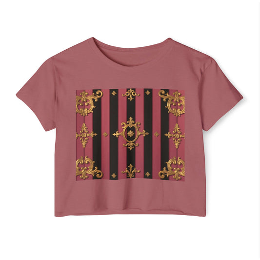 Festival Ready Black & Mauve Striped Gold Baroque Women's Crop Top | Elegant Chic, Summer Fashion, Music Festival Apparel