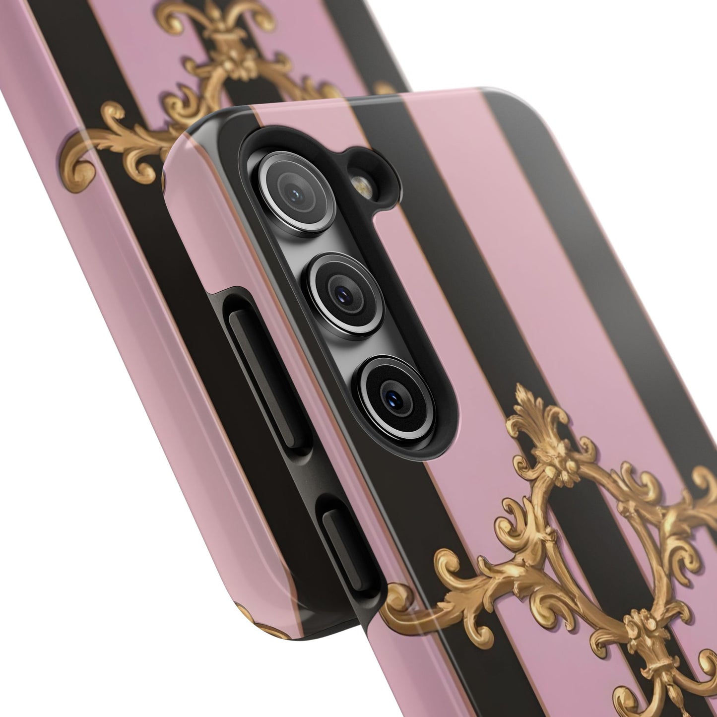Stylish Tough Phone Case for Elegant Protection, Fashionable Accessories, Smartphone Cover - Matte Lavender & Black Striped Gold Baroque