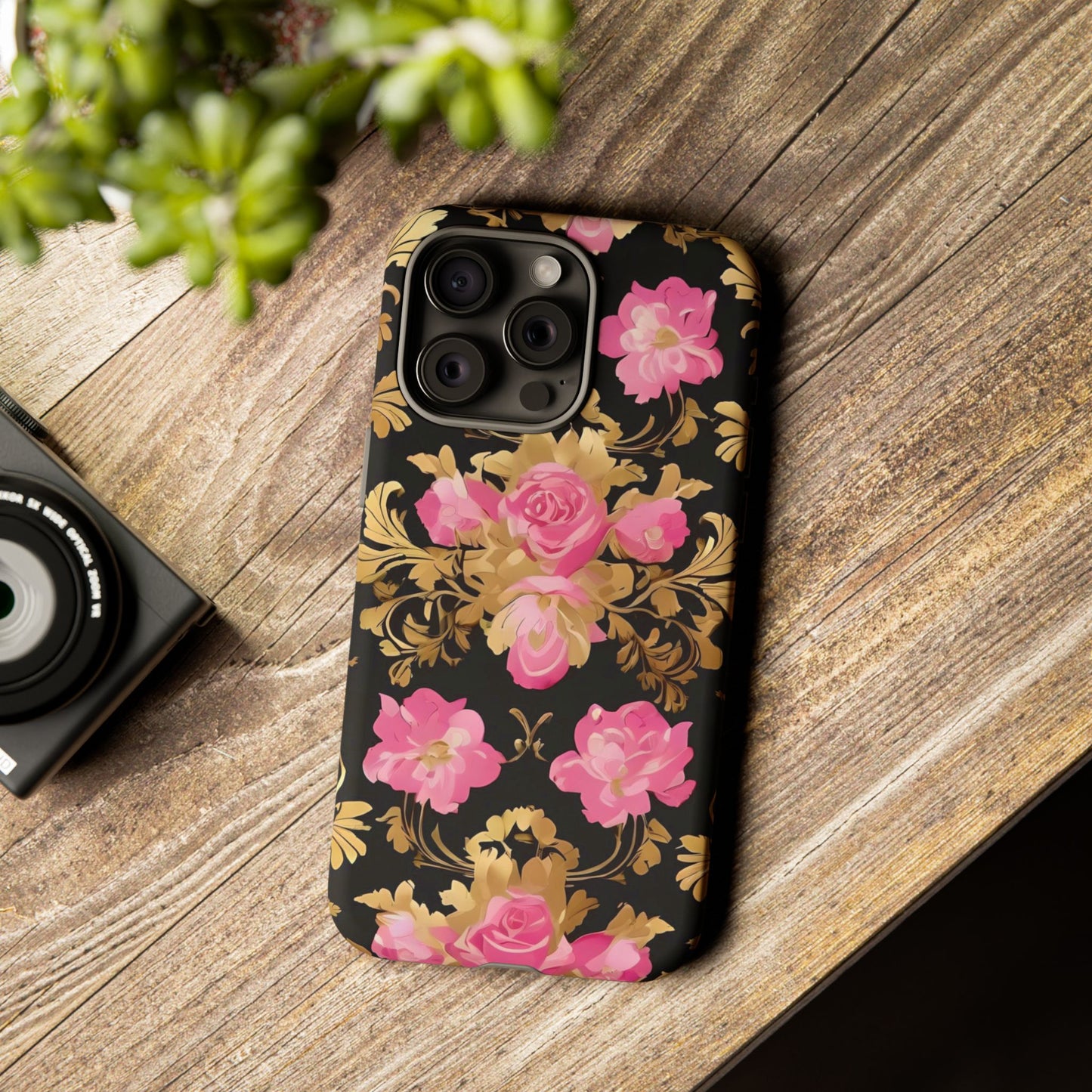 Elegant Floral Motif Phone Case - Tough Cases with Vintage Design - Pink & Gold Roses