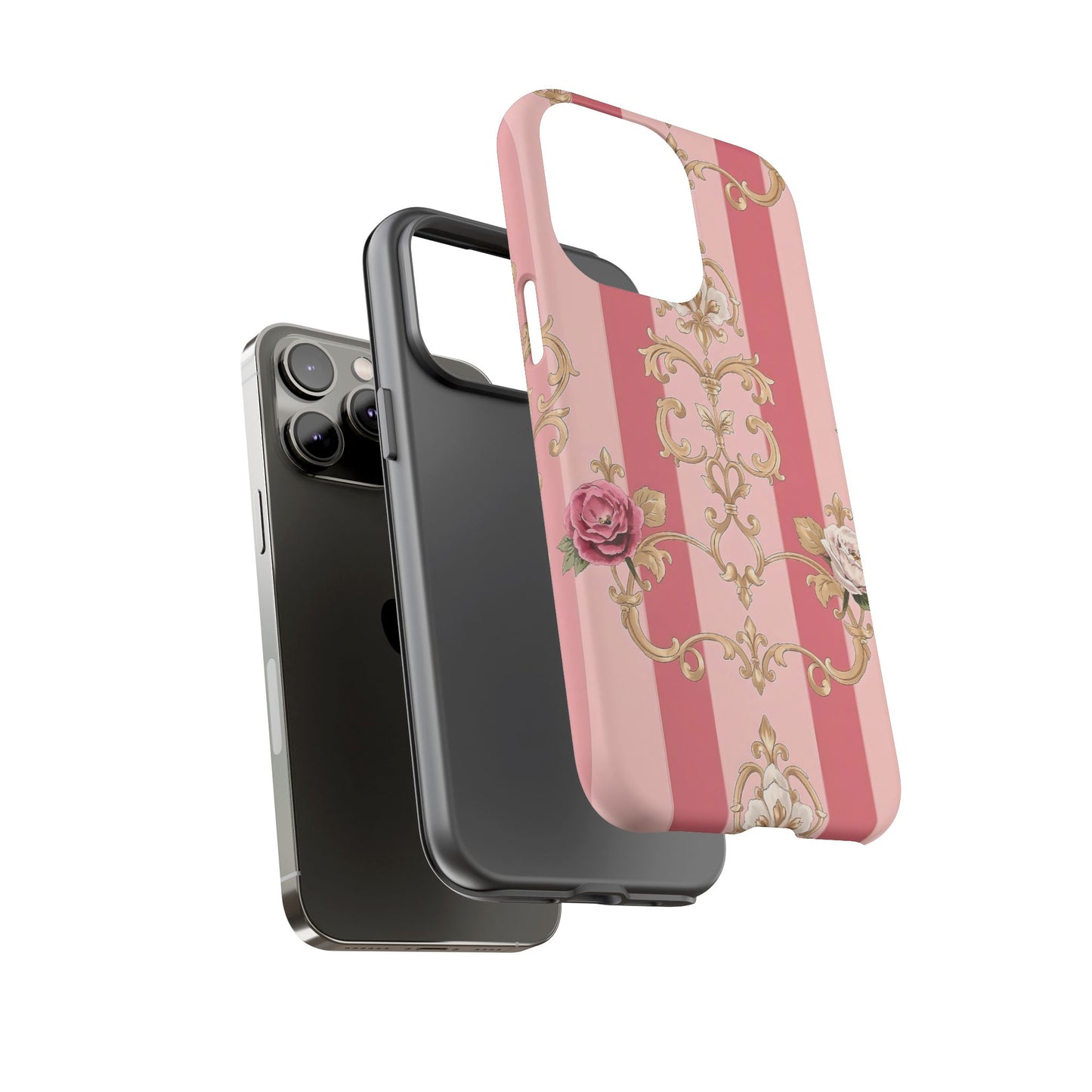 Elegant Floral Motif Phone Case - Tough Cases with Vintage Design - Pink Striped Roses & Damask