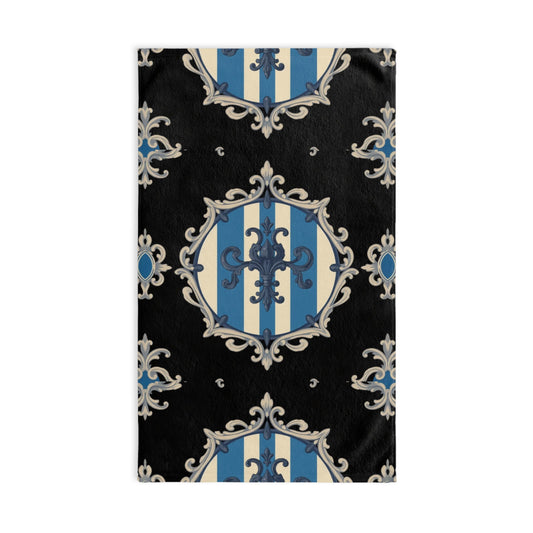 Elegant Blue & Alabaster Striped Baroque Vintage Pattern Hand Towel, Decorative Bathroom Towel, Luxe Guest Towel, Home Decor, Stylish Towels