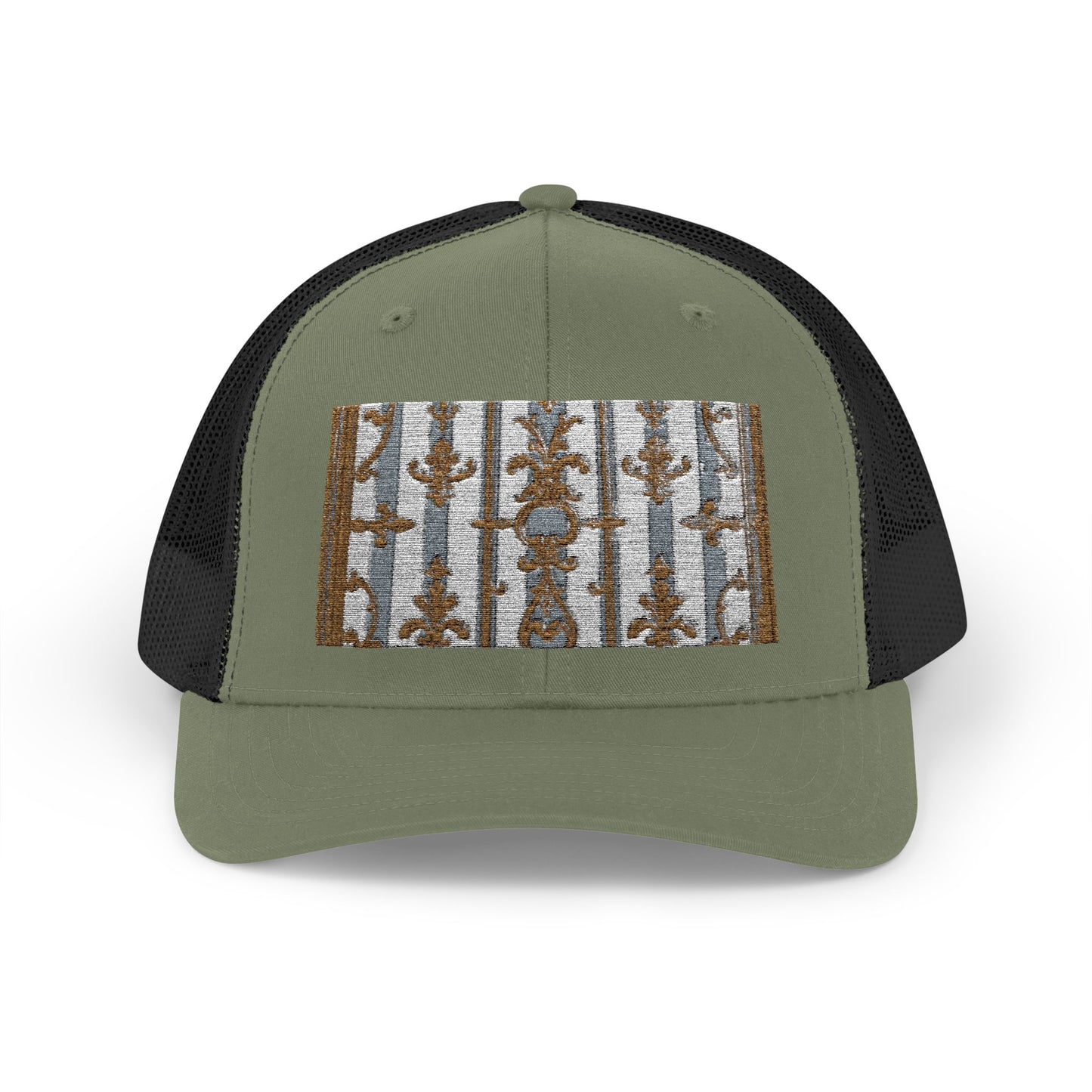 Stylish Snapback Trucker Cap with Nature-Inspired Design - Summer Festivals - Matte Gray & Cream Striped Gold Baroque