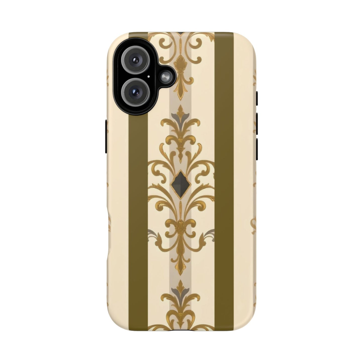 Elegant Floral Motif Phone Case - Tough Cases with Vintage Design - Olive Striped Gold Damask