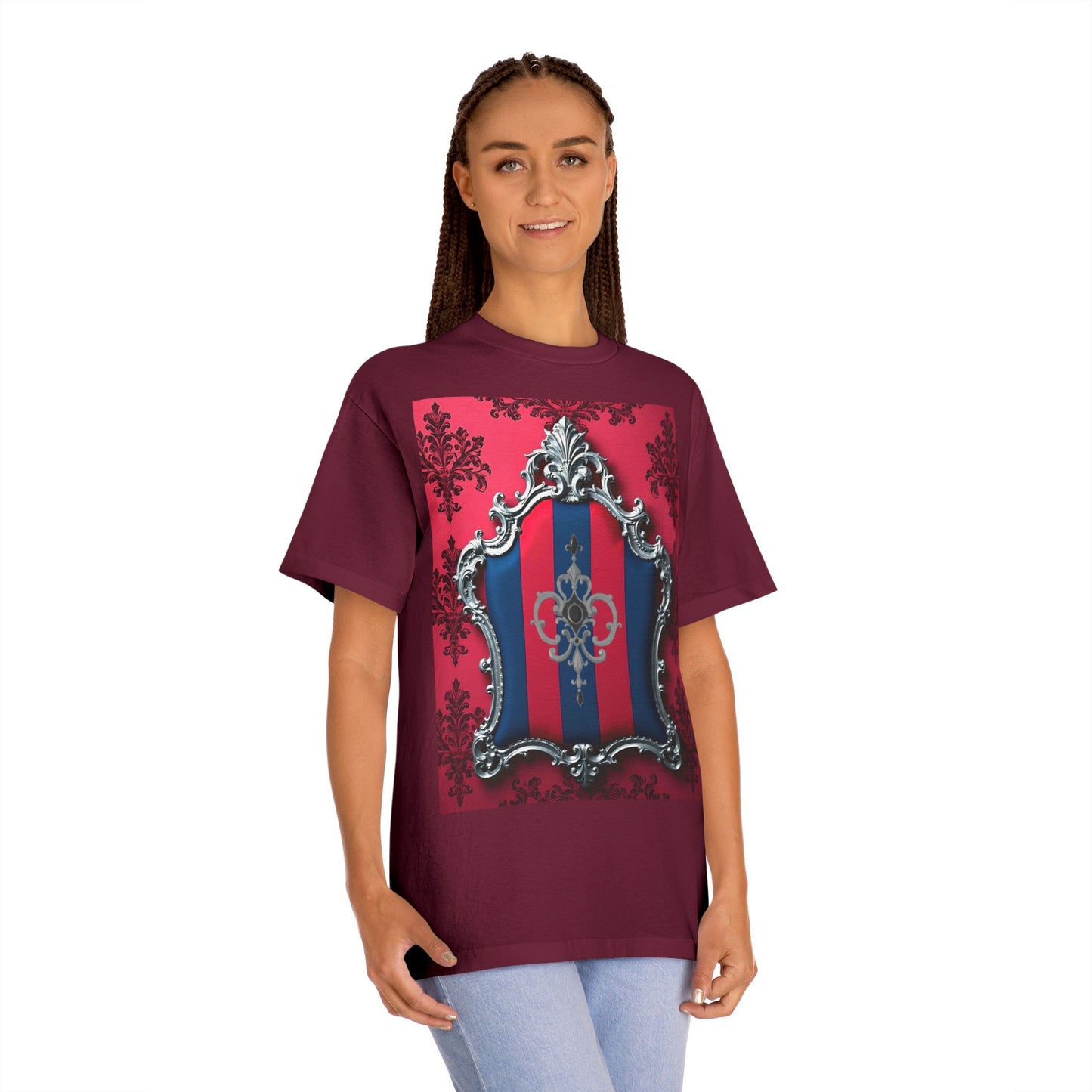 Vintage Couture Shield Unisex Classic Tee, Fashion T-Shirt, Gift for Fashion Lovers, Casual Wear, Unique Graphic Shirt - Blue & Red Striped Silver Crest