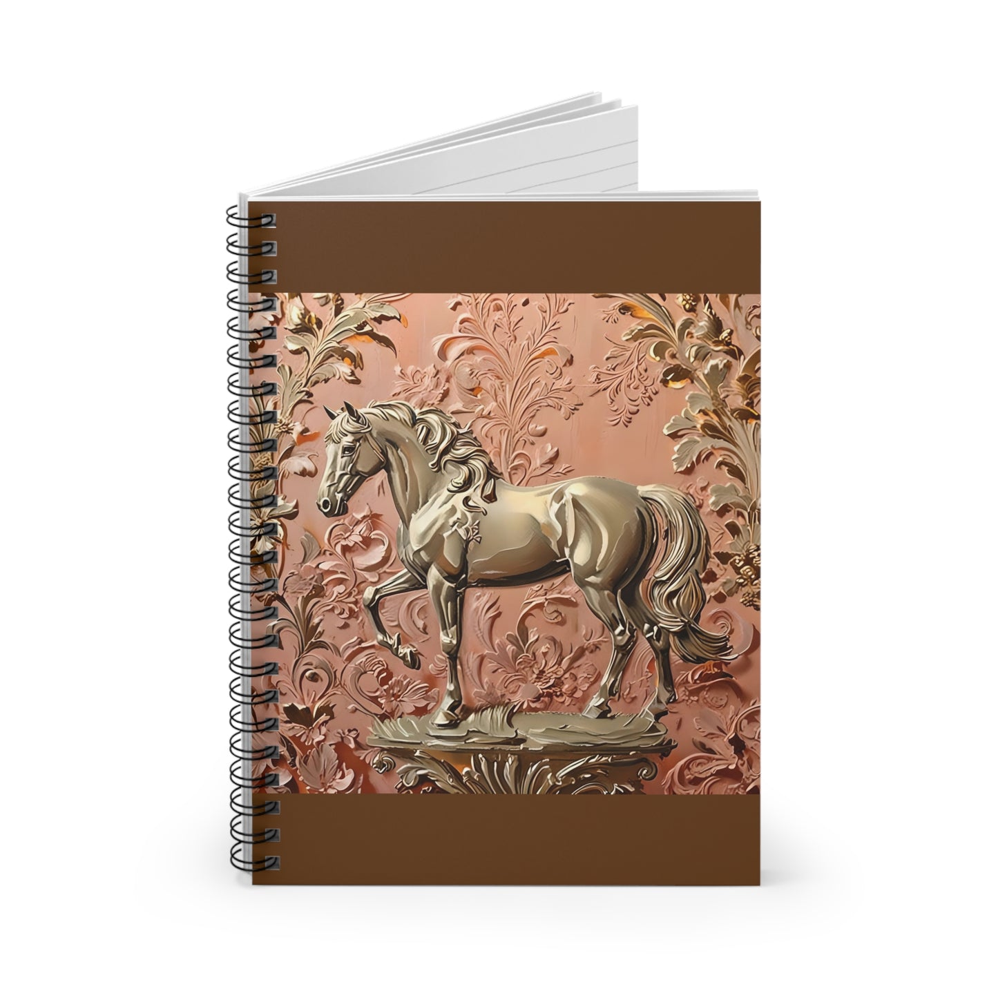 Elegant Vintage Spiral Notebook - Ruled Line with Gold Horse In Peach & Gold Damask