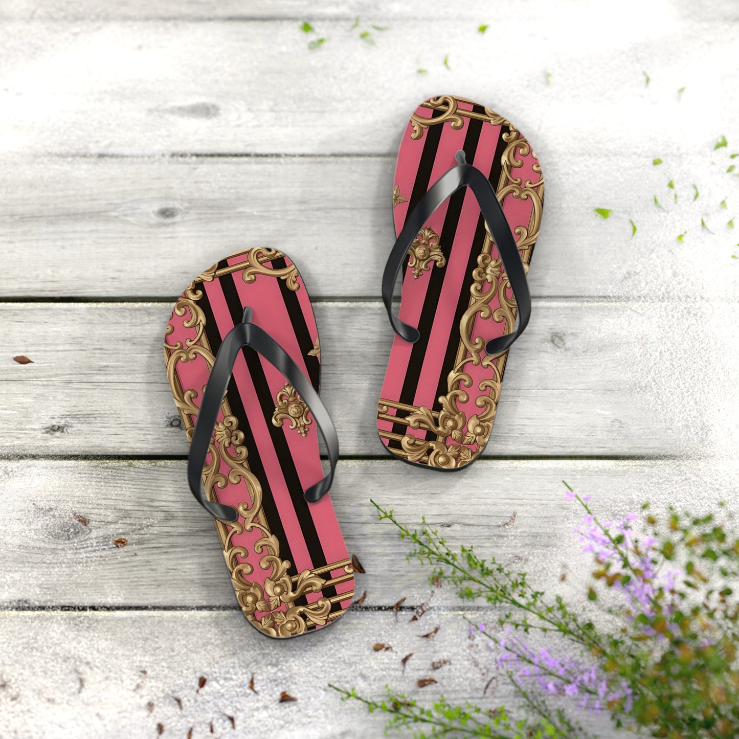 Chic Flip Flops, Stylish Summer Sandals, Beachwear, Poolside Accessories, Vacation Footwear, Trendy Casual Shoes - Pink Striped Gold Rococo