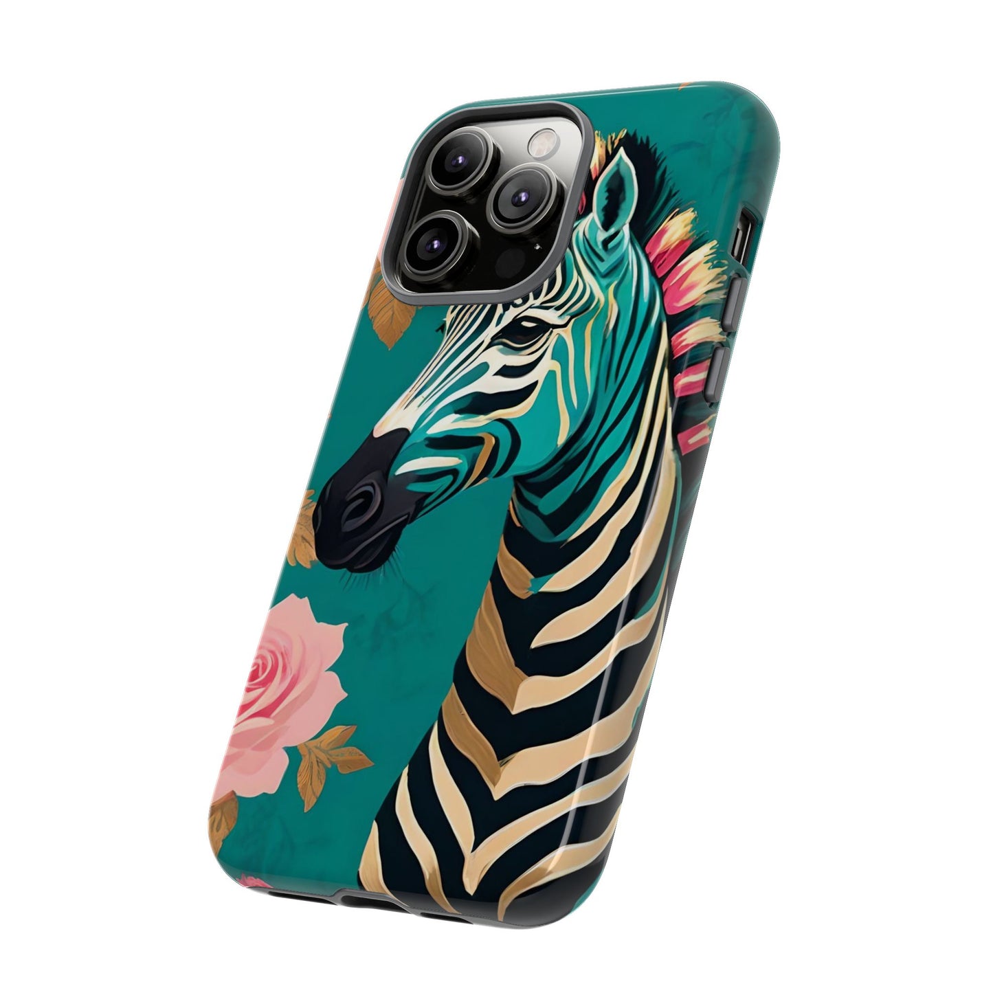 Phone Case - Elegant Teal & Gold Zebra & Roses Design