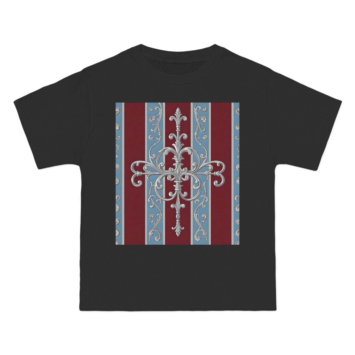 Elegant Vintage-Inspired Short-Sleeve T-Shirt, Classic Graphic Tee, Retro Style Shirt, Unisex, Casual Wear - Ice Blue & Burgundy Striped Baroque