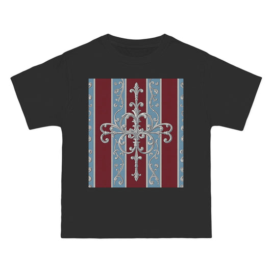 Elegant Vintage-Inspired Short-Sleeve T-Shirt, Classic Graphic Tee, Retro Style Shirt, Unisex, Casual Wear - Ice Blue & Burgundy Striped Baroque