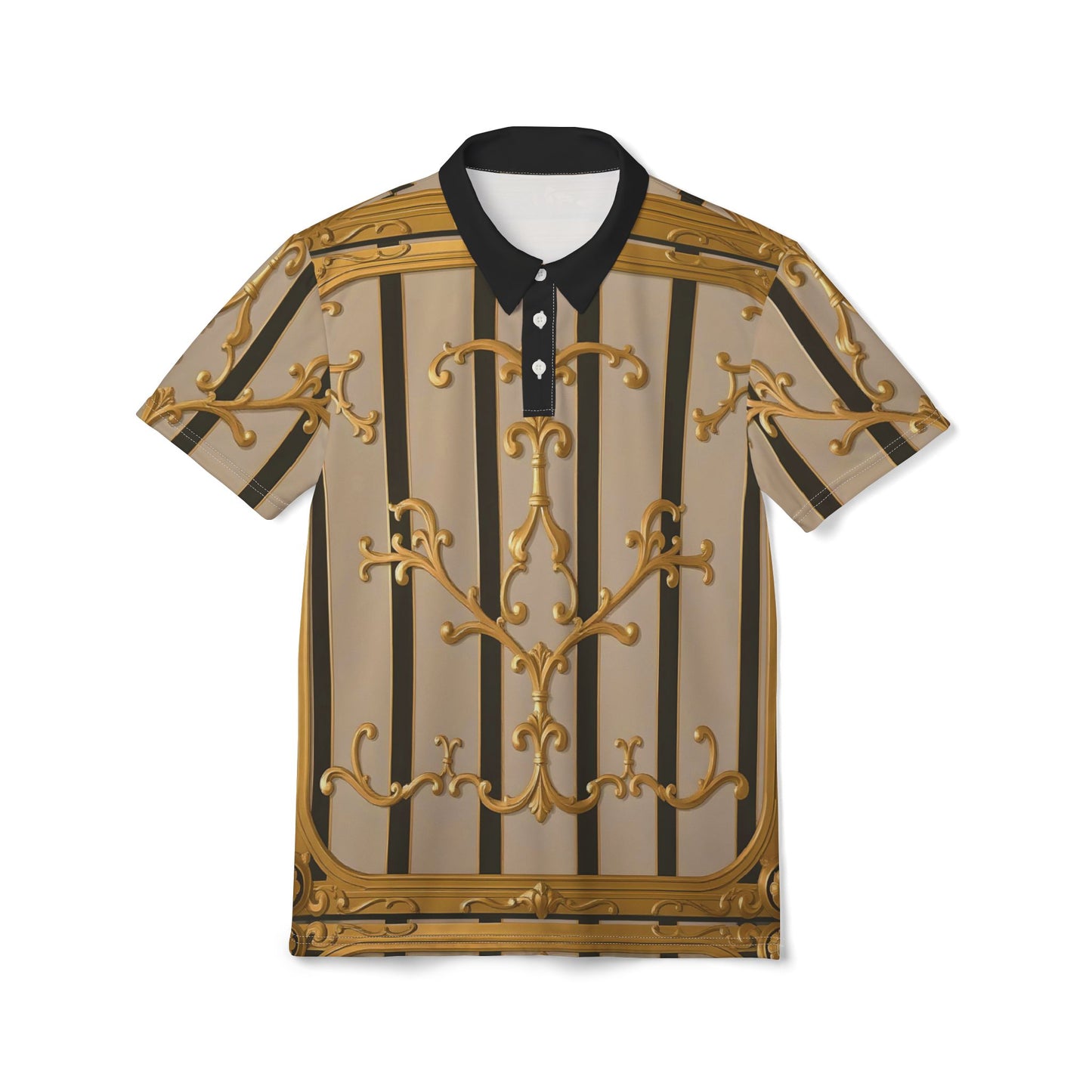 Chic Gold-Patterned Unisex Polo Shirt, Luxury Fashion, Casual Wear, Summer Events - Beige Striped Gold Rococo