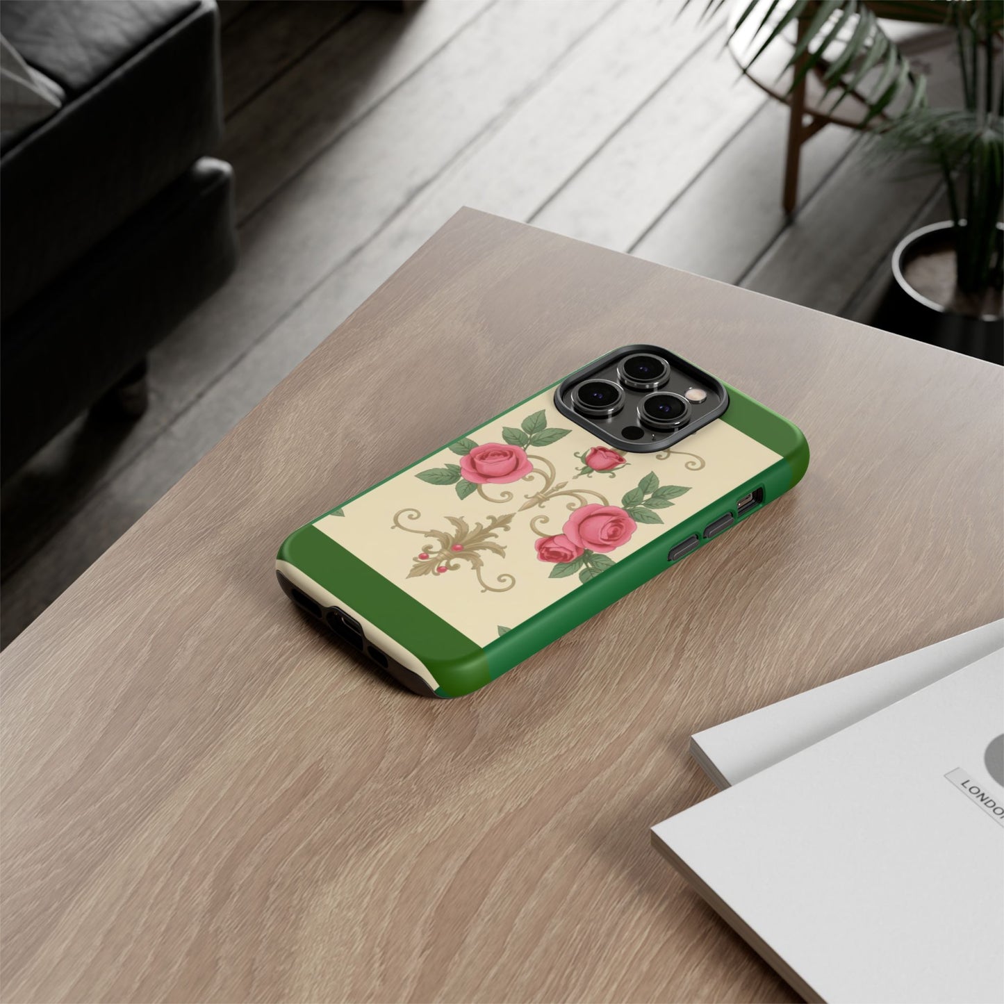 Elegant Floral Motif Phone Case - Tough Cases with Vintage Design - Green Border Roses & Damask