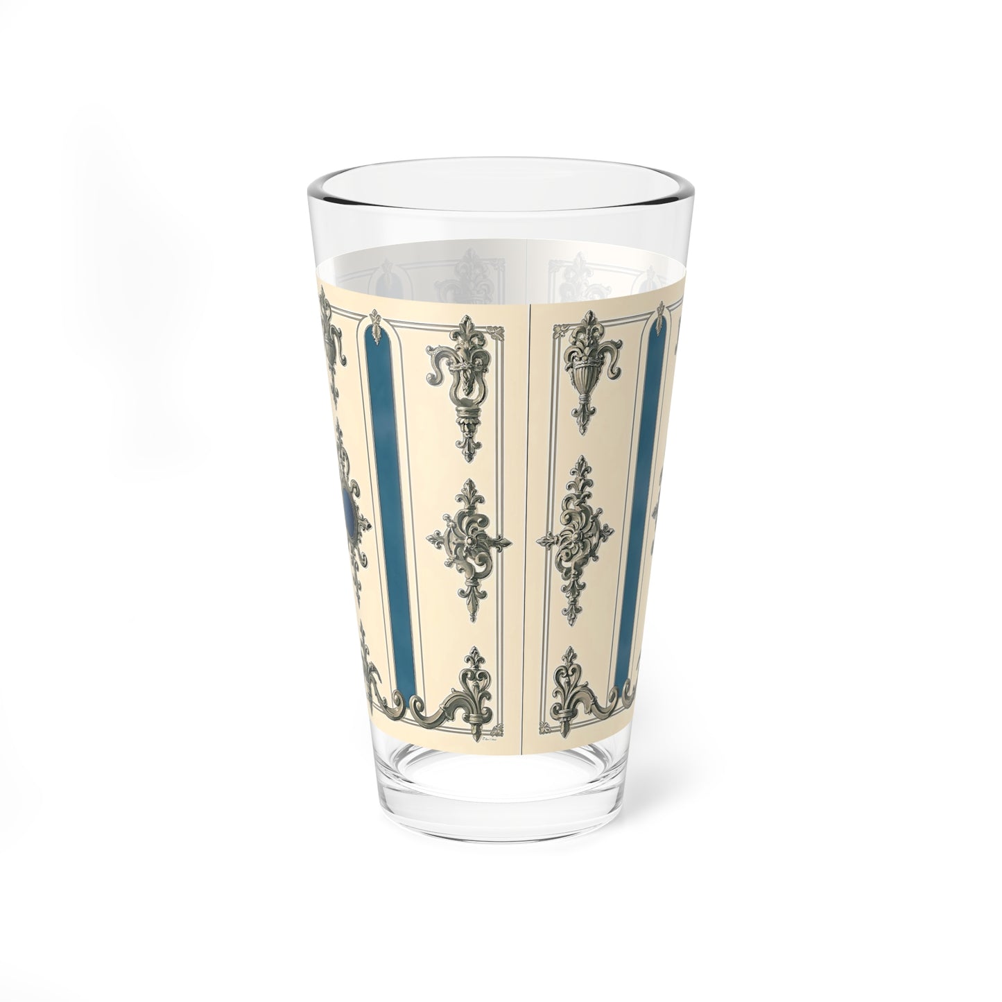 Elegant Vintage Mixing Glass - 16oz Cocktail Glass with Ornate Design - Alabaster & Ocean Blue Baroque
