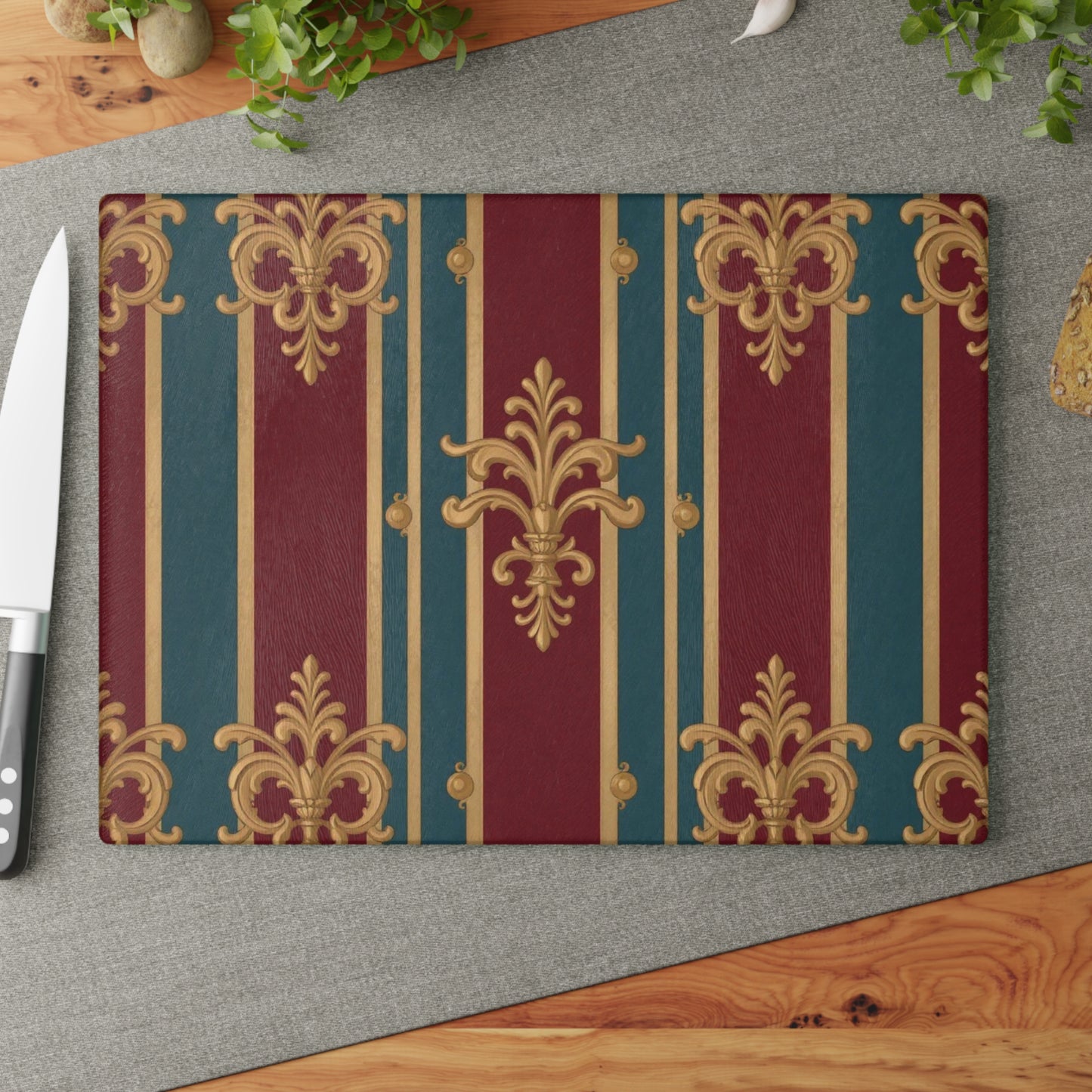 Elegant Floral Glass Cutting Board, Kitchen Decor, Home Gift, Cooking Accessory, Housewarming Present  - Burgundy Striped Gold Baroque
