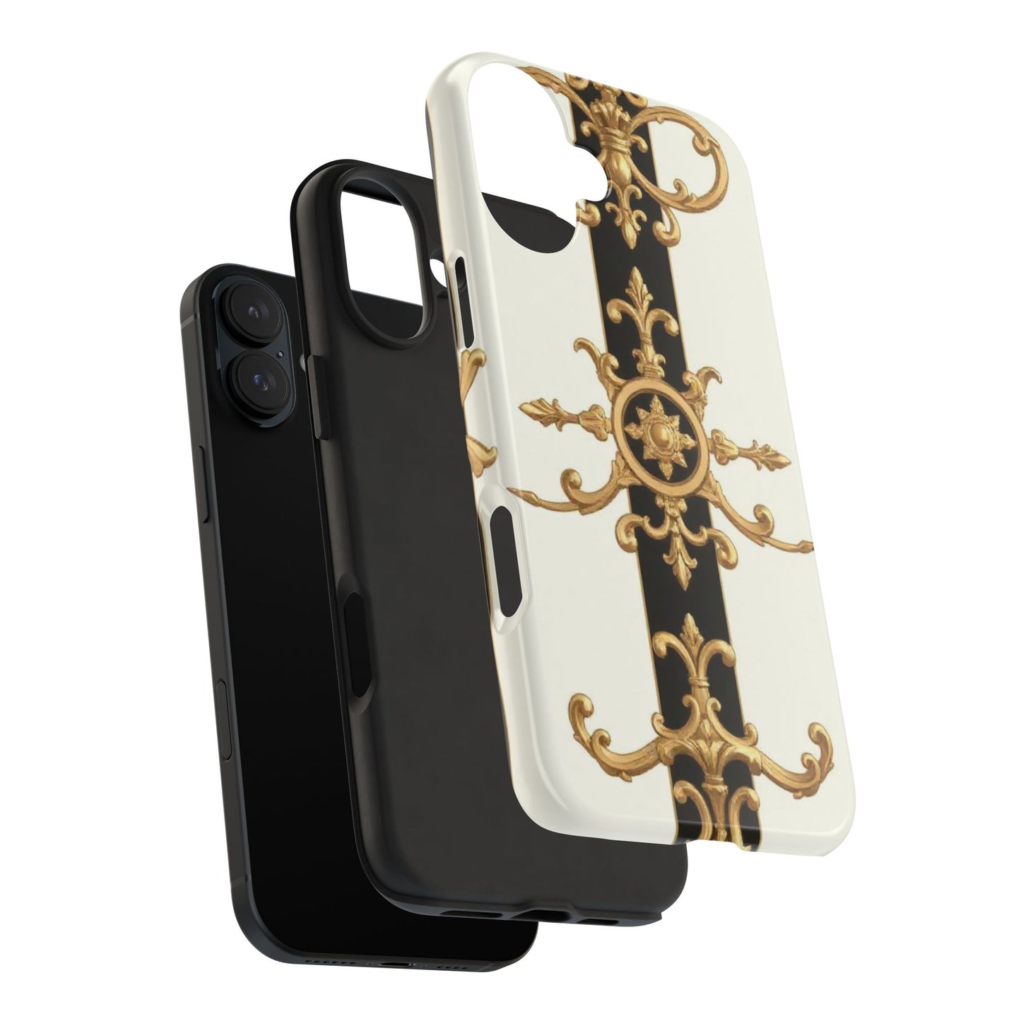 Elegant Baroque Tough Phone Case | Stylish Protection for Your Device, Gift for Her, Phone Accessories - Black & White Striped Gold Baroque