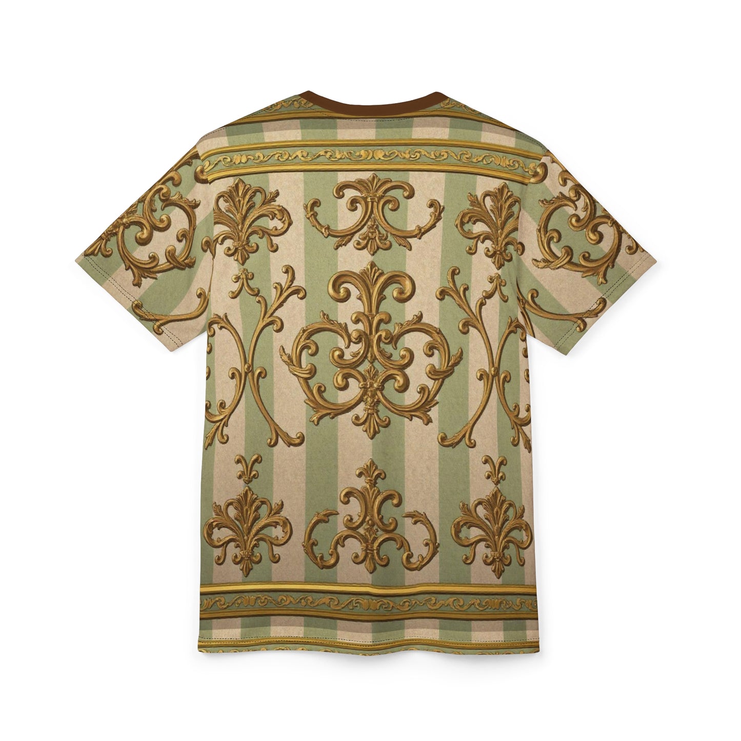 Elegant Vintage Pattern Unisex Tee, Boho Shirt, Gift for Her, Fashion Statement Tee, Summer Casual Wear - Mint & Beige Striped Gold Baroque