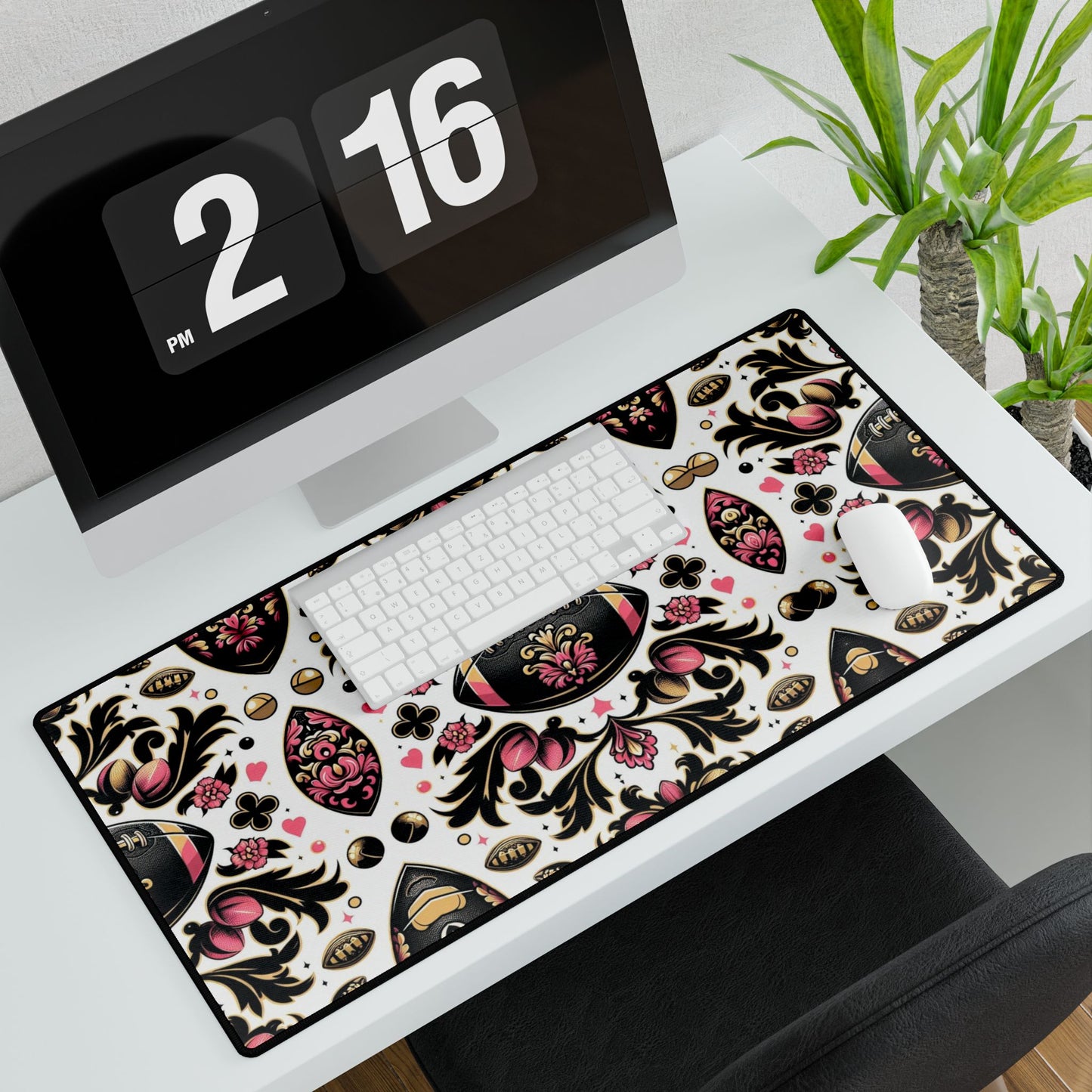 Desk Mat - Elegant Floral Motif for Home Office Decor - Pink, White, Gold & Black Damask Footballs