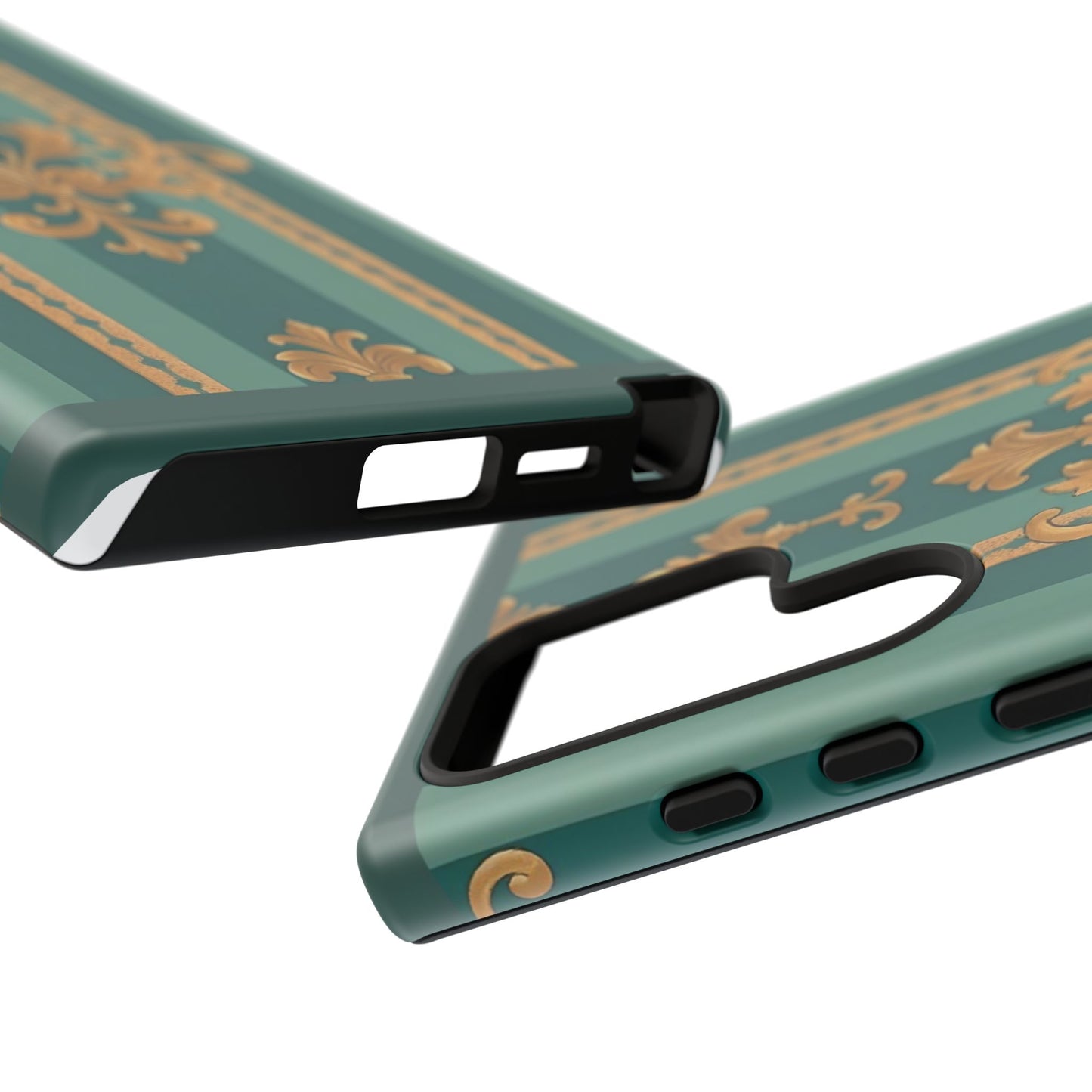 Elegant Floral Motif Phone Case - Tough Cases with Vintage Design - Teal Striped Gold Damask
