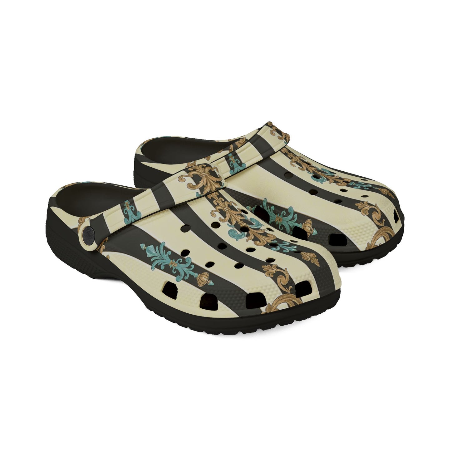 Stylish Floral EVA Foam Clogs – Comfortable & Durable Outdoor Footwear, Slip-On Comfort - Black Striped Turquoise & Black Rococo