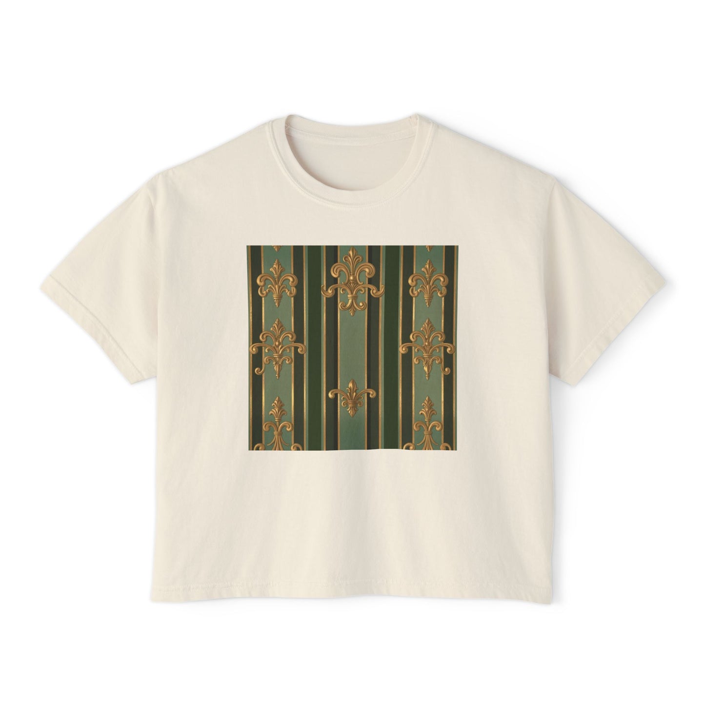 Vintage-Inspired Women's Boxy Tee | Relaxed Fit Shirt for Casual Outings, Everyday Wear, Birthday Gift - Green Striped Gold Baroque