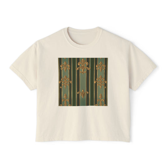 Vintage-Inspired Women's Boxy Tee | Relaxed Fit Shirt for Casual Outings, Everyday Wear, Birthday Gift - Green Striped Gold Baroque