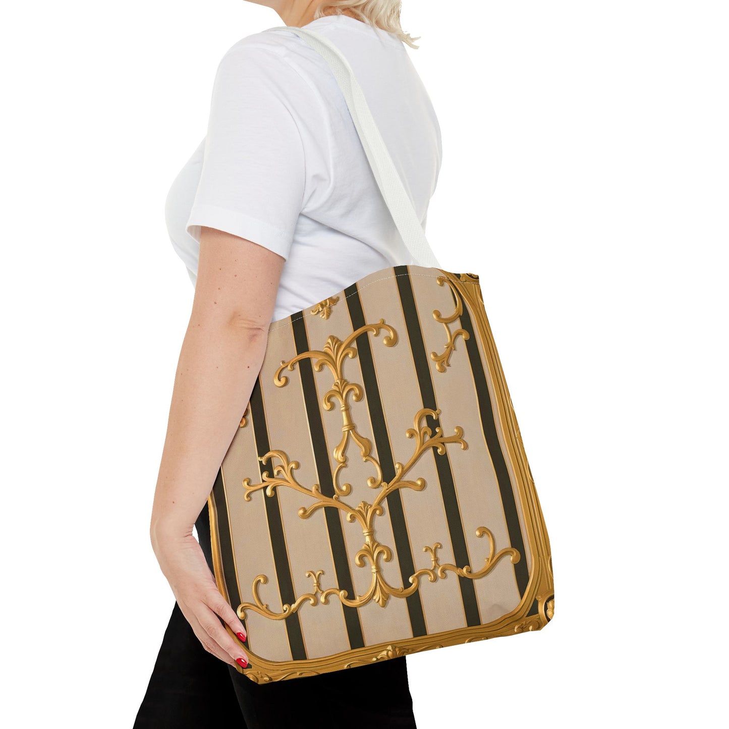 Elegant Gold Pattern Tote Bag - Stylish Carryall for Everyday Use, Eco-Friendly Shopping, Gift for Her - Beige Striped Gold Rococo