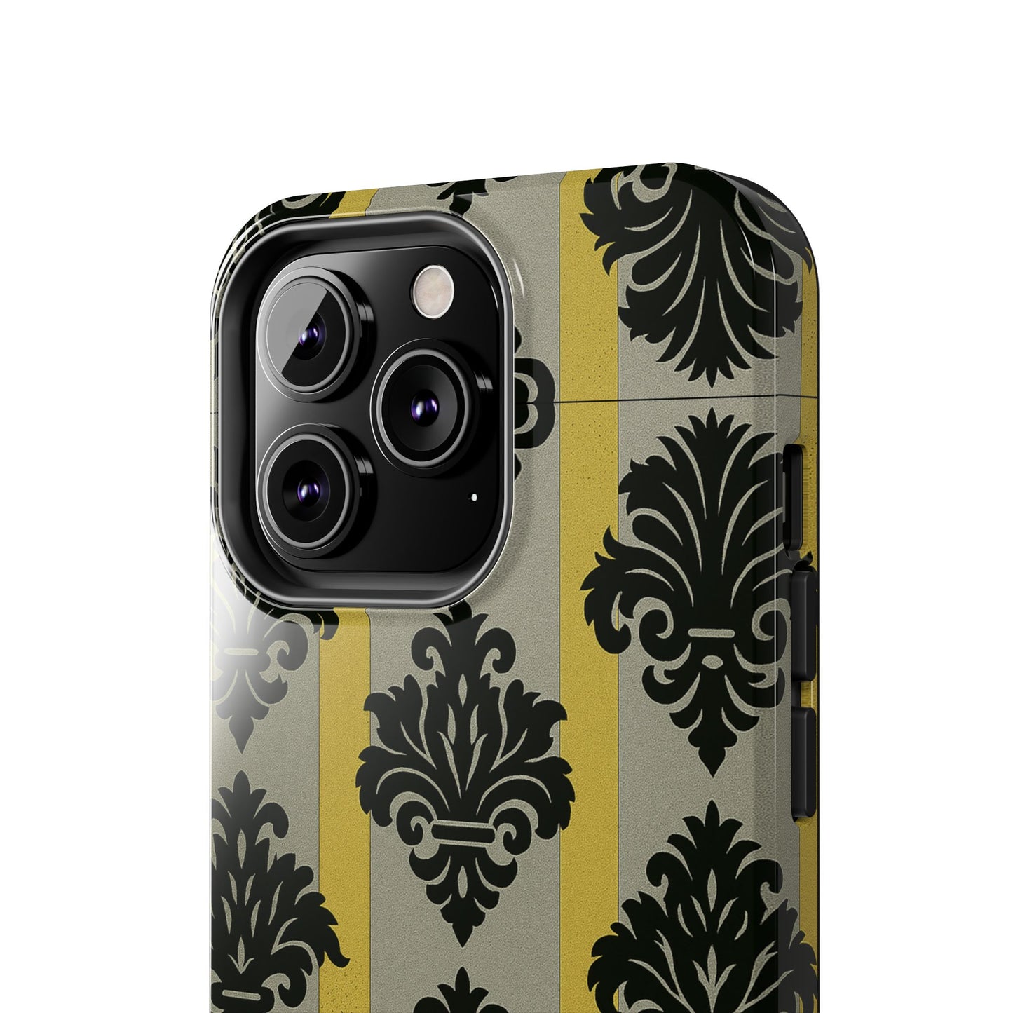 Elegant Baroque Tough Phone Cases | Chic Phone Protection | Gift for Her | Stylish Accessory | Holiday Gift Idea | Silver & Gold Striped Black Baroque