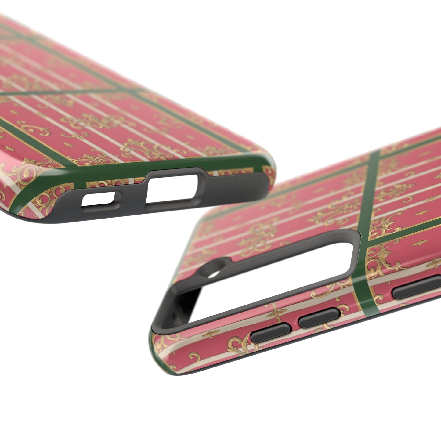Elegant Green Border Pink Striped Baroque Phone Cases, Tough Phone Cases for Protection, Stylish Mobile Accessories, Gift for Her, Holiday Tech Gifts