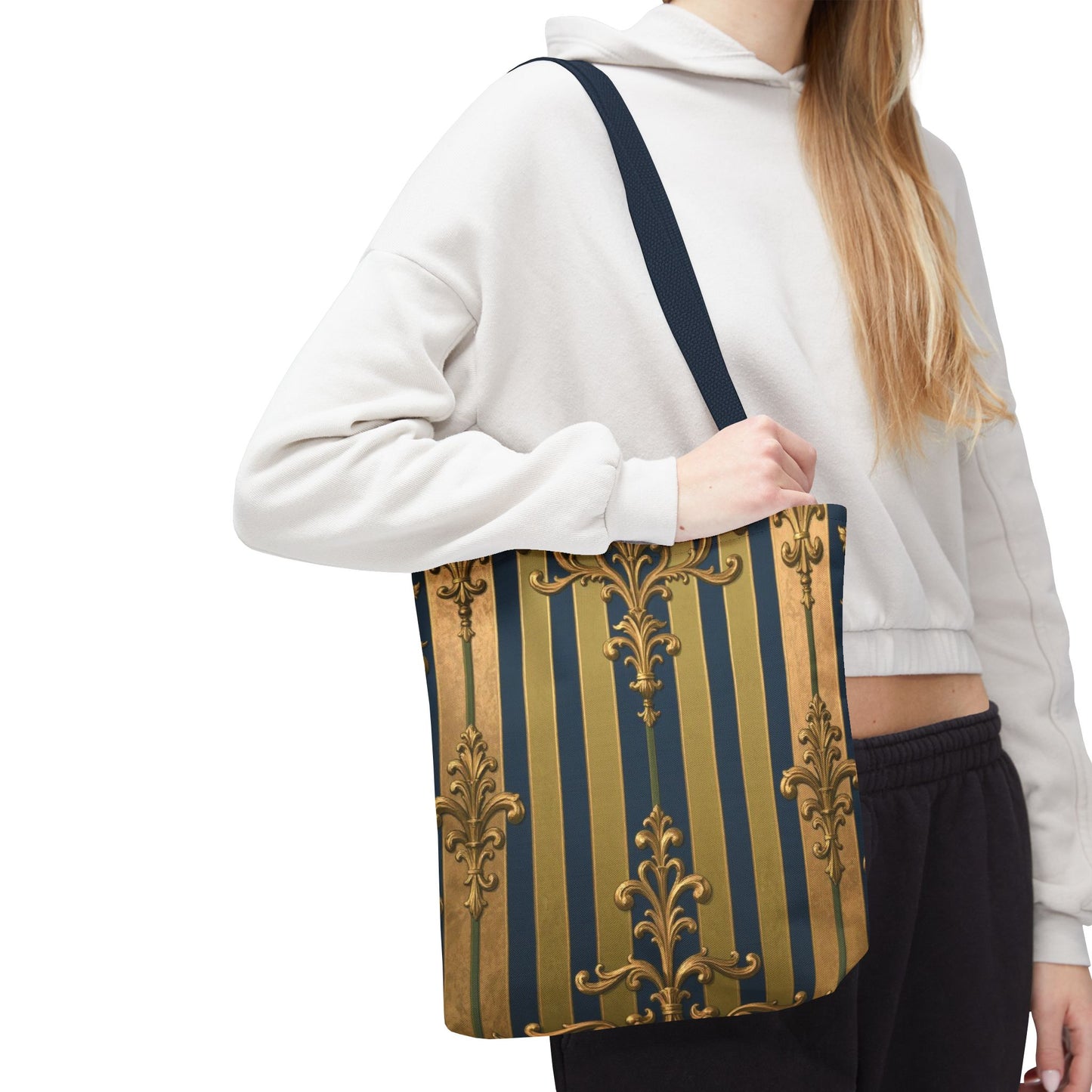 Elegant Midnight Blue & Olive Striped Gold Baroque Golden Striped Tote Bag, Stylish Shopping Bag, Trendy Handbag, Chic Gift for Her