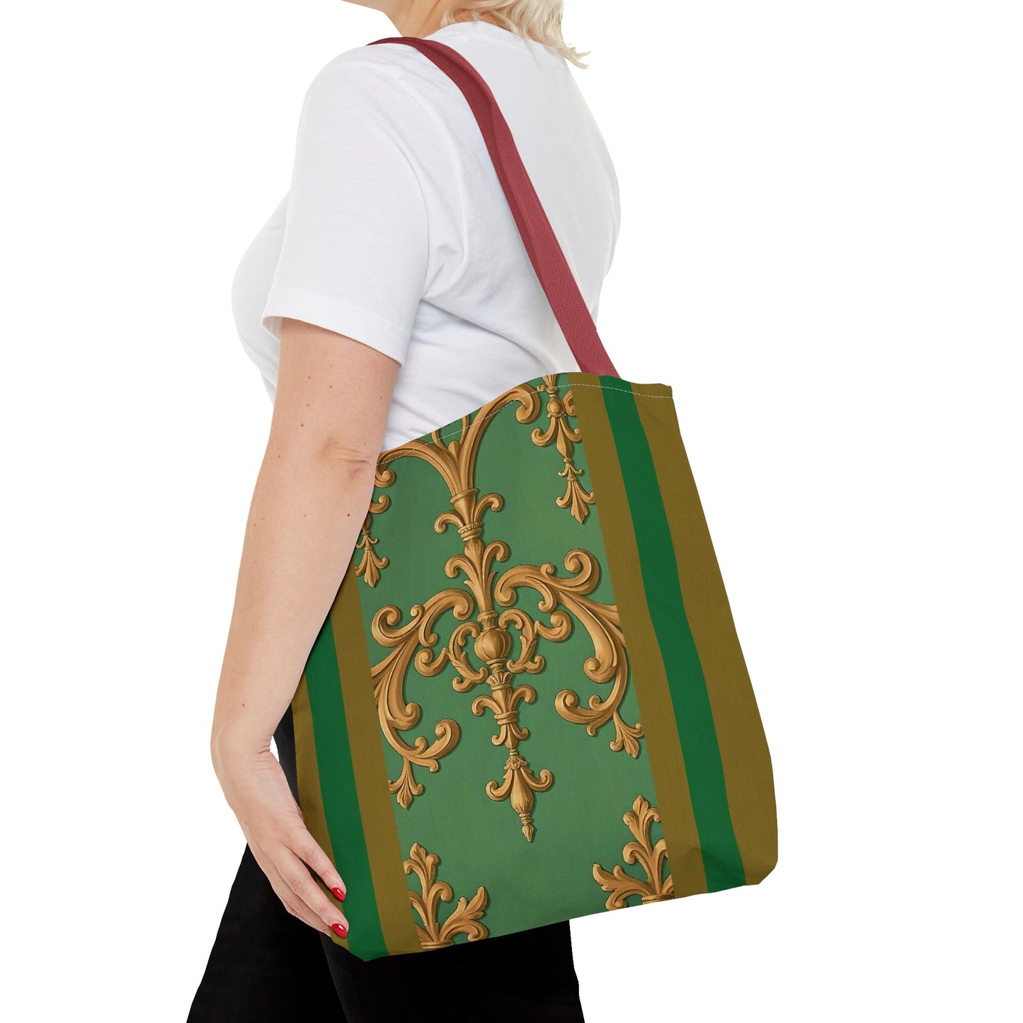 Ornate Floral Tote Bag, Chic Shopping Bag, Fashionable Eco Tote, Stylish Gift for Her, Versatile Everyday Use - Olive Green Striped Rococo