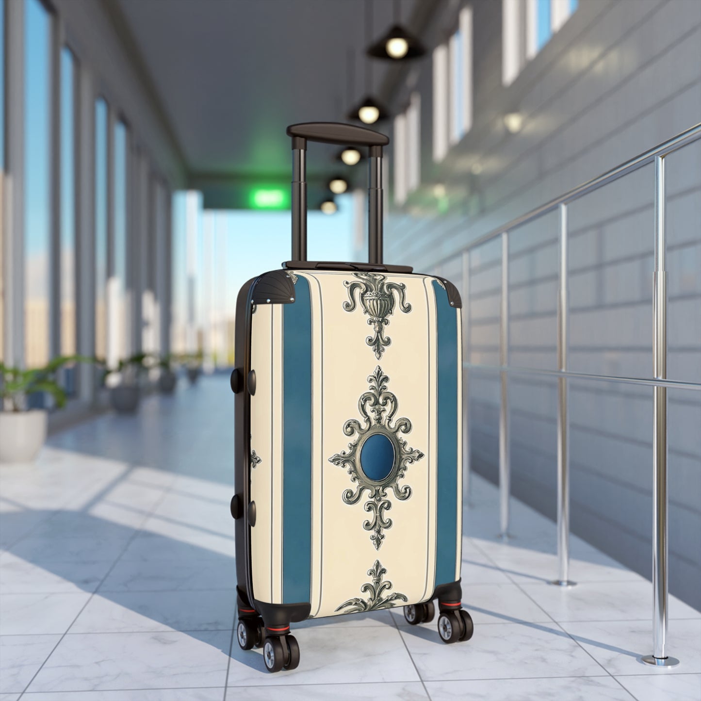 Elegant Vintage Style Suitcase for Travel - Alabaster & Ocean Blue Baroque