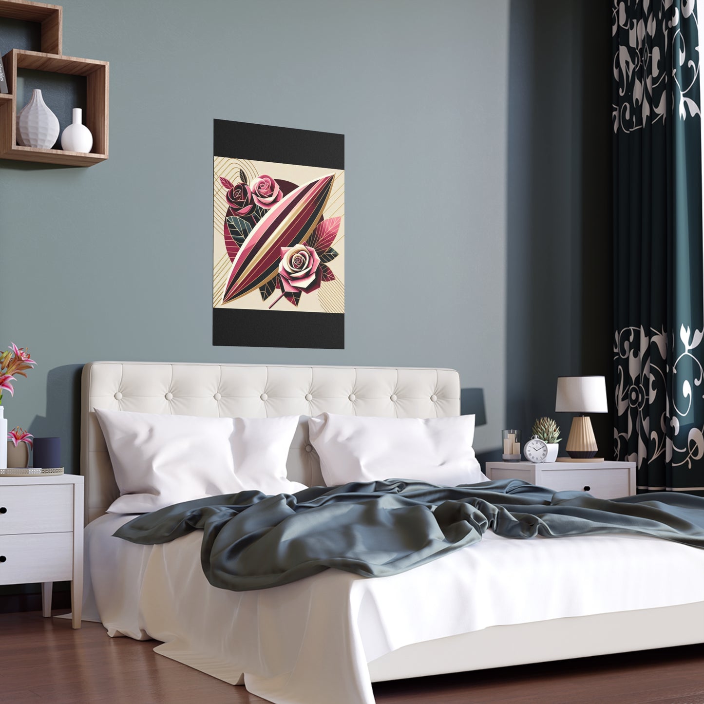 Elegant Floral Silk Poster - Indoor/Outdoor Wall Art for Home Decor - Pink & Burgundy Striped Surfboard & Roses