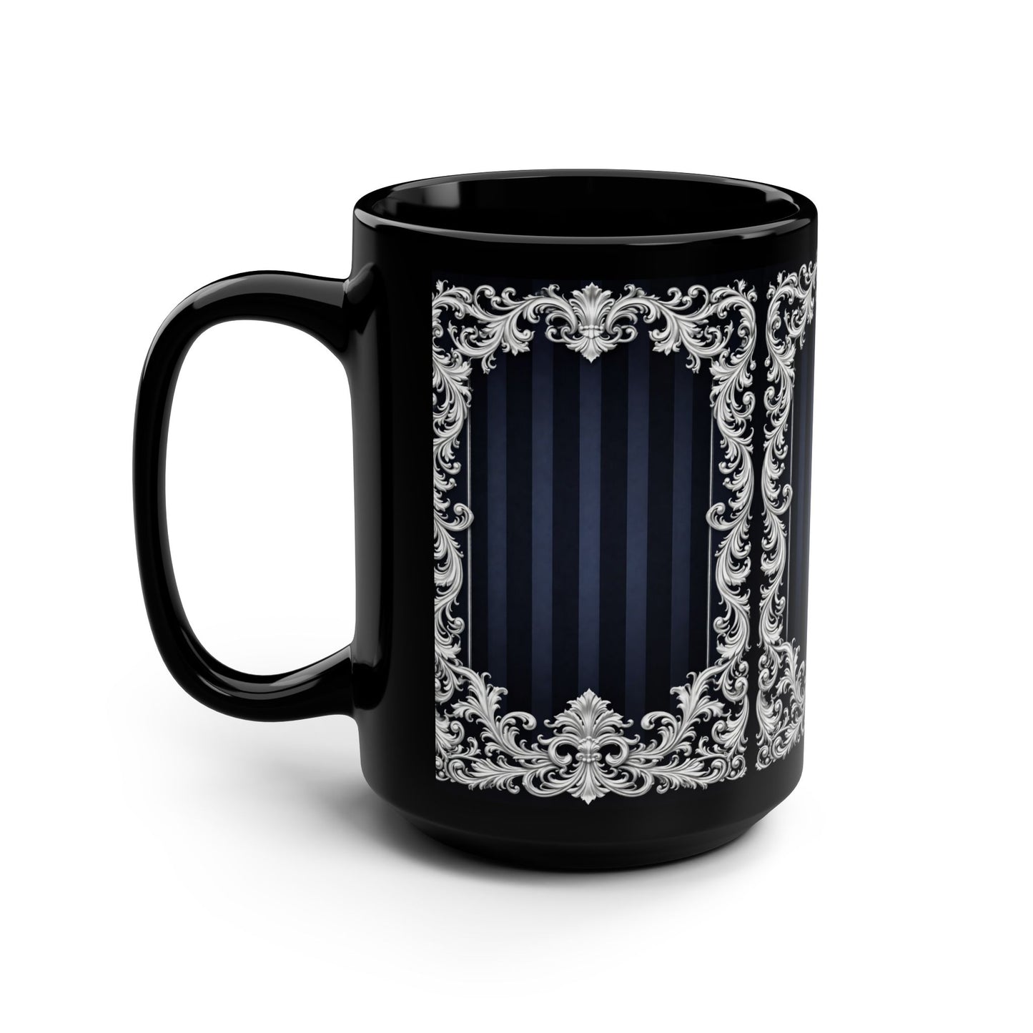 Victorian Navy Stripes & Baroque Frame Black 15oz Mug — Elegant Stripe Coffee Cup