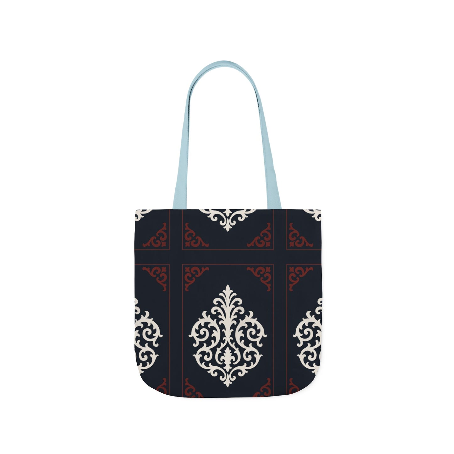 Dusk Blue-Maroon & White Baroque Pattern Canvas Tote Bag — Elegant Dusk Blue & White Reusable Market Bag