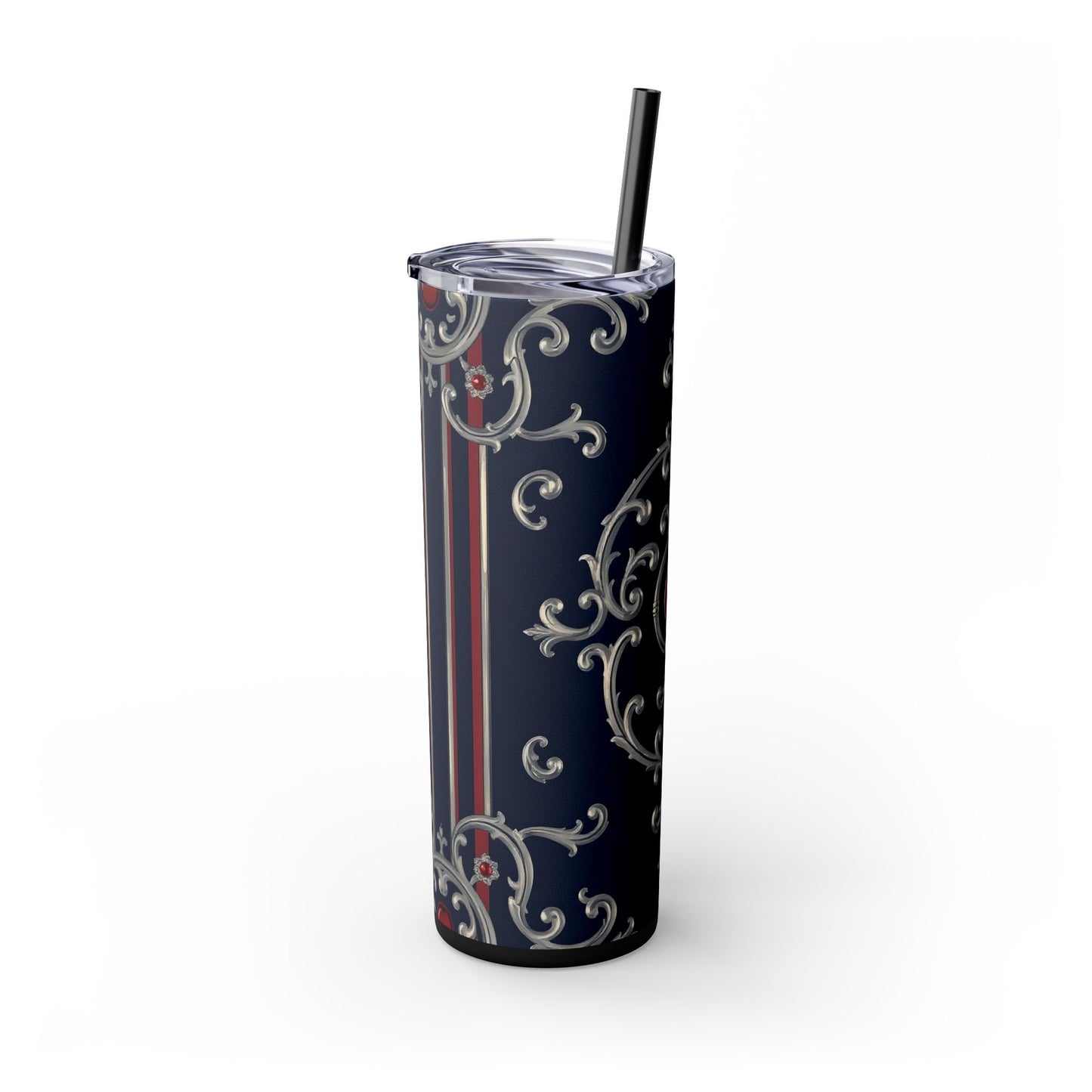 Elegant Patterned Skinny Tumbler with Straw, 20oz - Stylish Travel Mug, Personalized Gift, Wedding Favor - Blue & Red Striped Silver Baroque