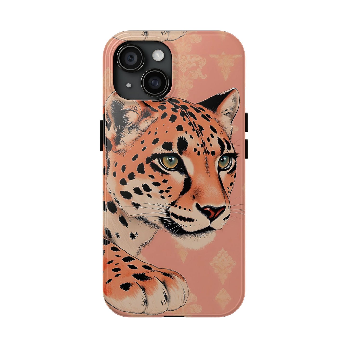 Leopard Tough Phone Case - Trendy Floral Motif Design for Animal Lovers - Peach Leopard & Damask