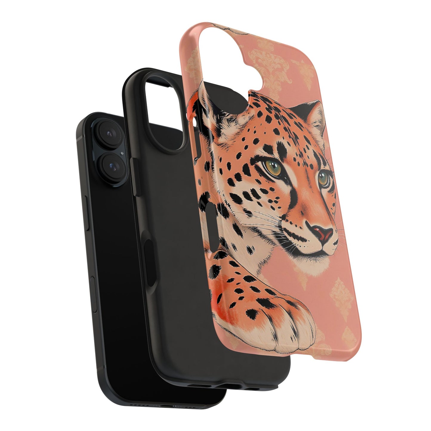 Leopard Tough Phone Case - Trendy Floral Motif Design for Animal Lovers - Peach Leopard & Damask