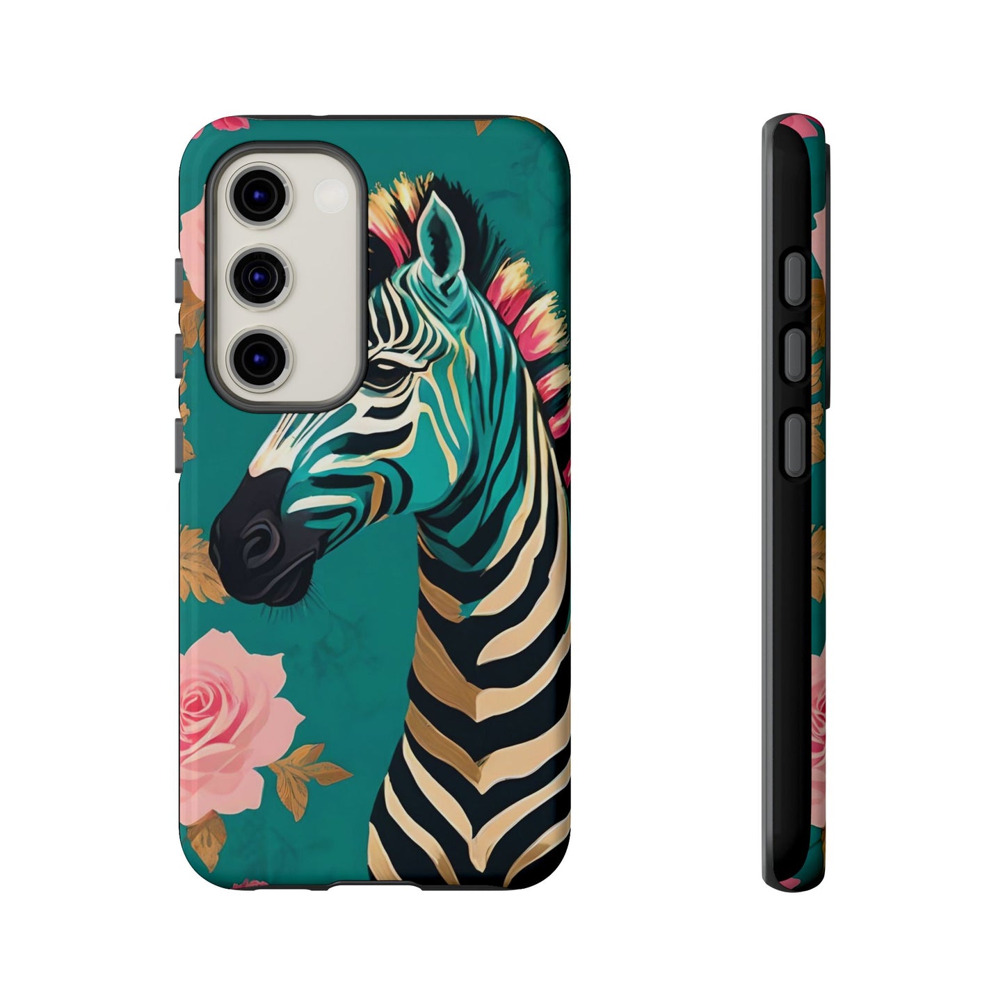 Phone Case - Elegant Teal & Gold Zebra & Roses Design