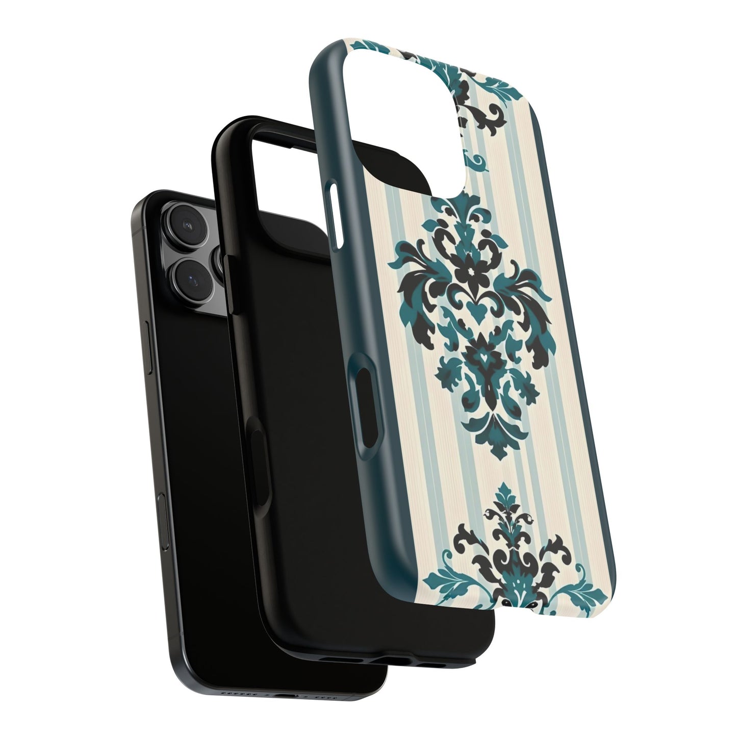 Elegant Floral Phone Case - Tough Cases with Vintage Design - Teal Striped Damask