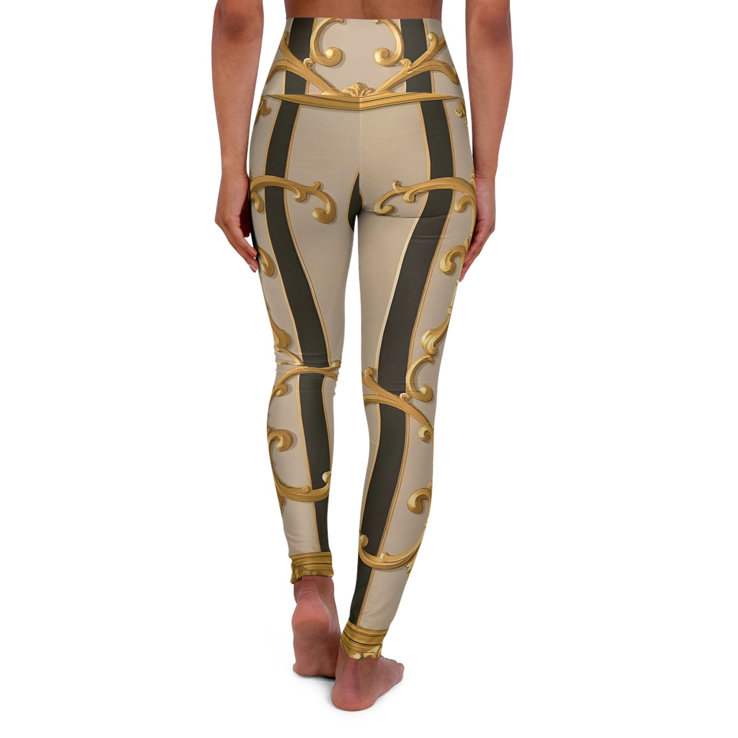 Elegant High Waisted Yoga Leggings, Fitness Leggings, Stylish Workout Pants, Activewear, Gift for Yogi - Beige Striped Gold Rococo