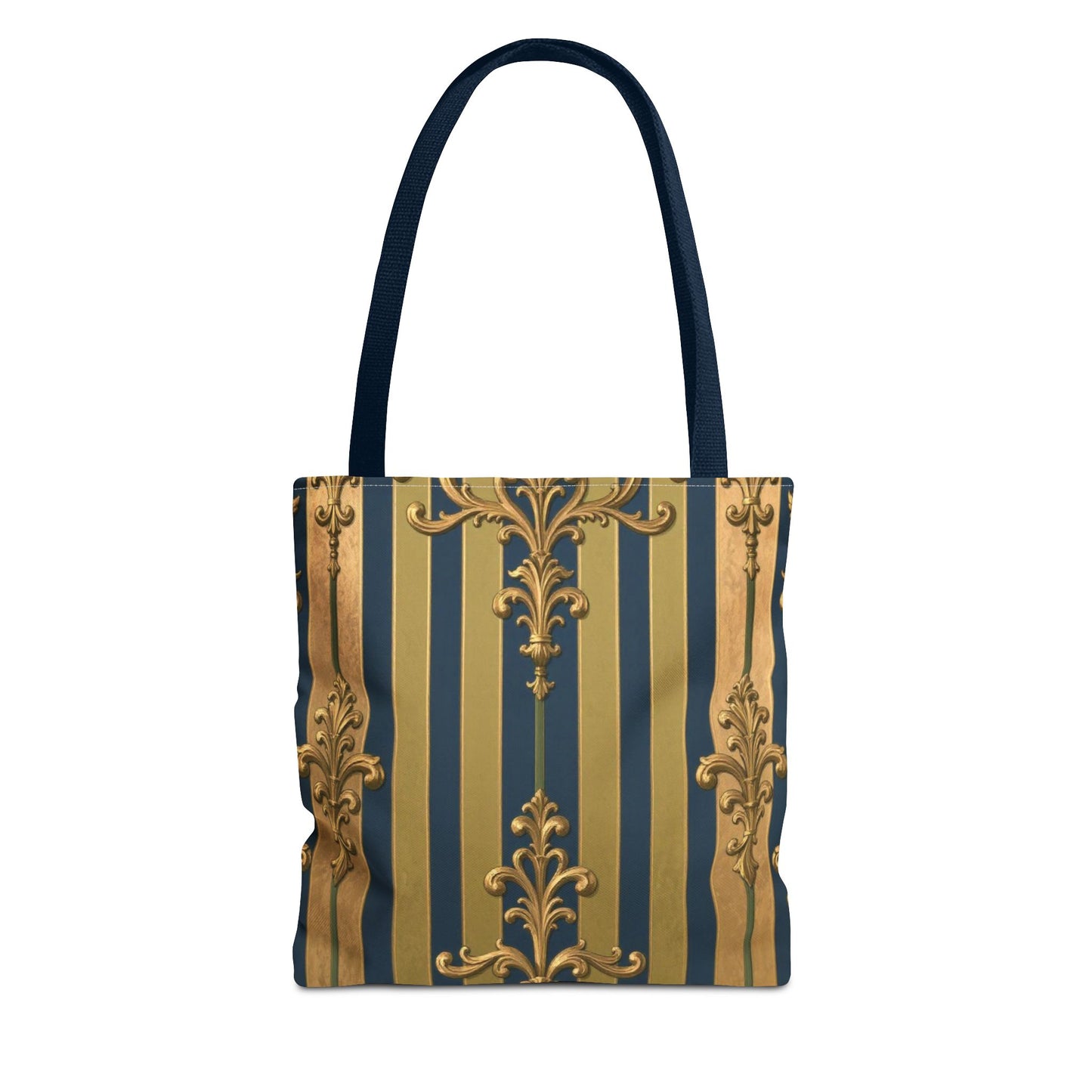 Elegant Midnight Blue & Olive Striped Gold Baroque Golden Striped Tote Bag, Stylish Shopping Bag, Trendy Handbag, Chic Gift for Her