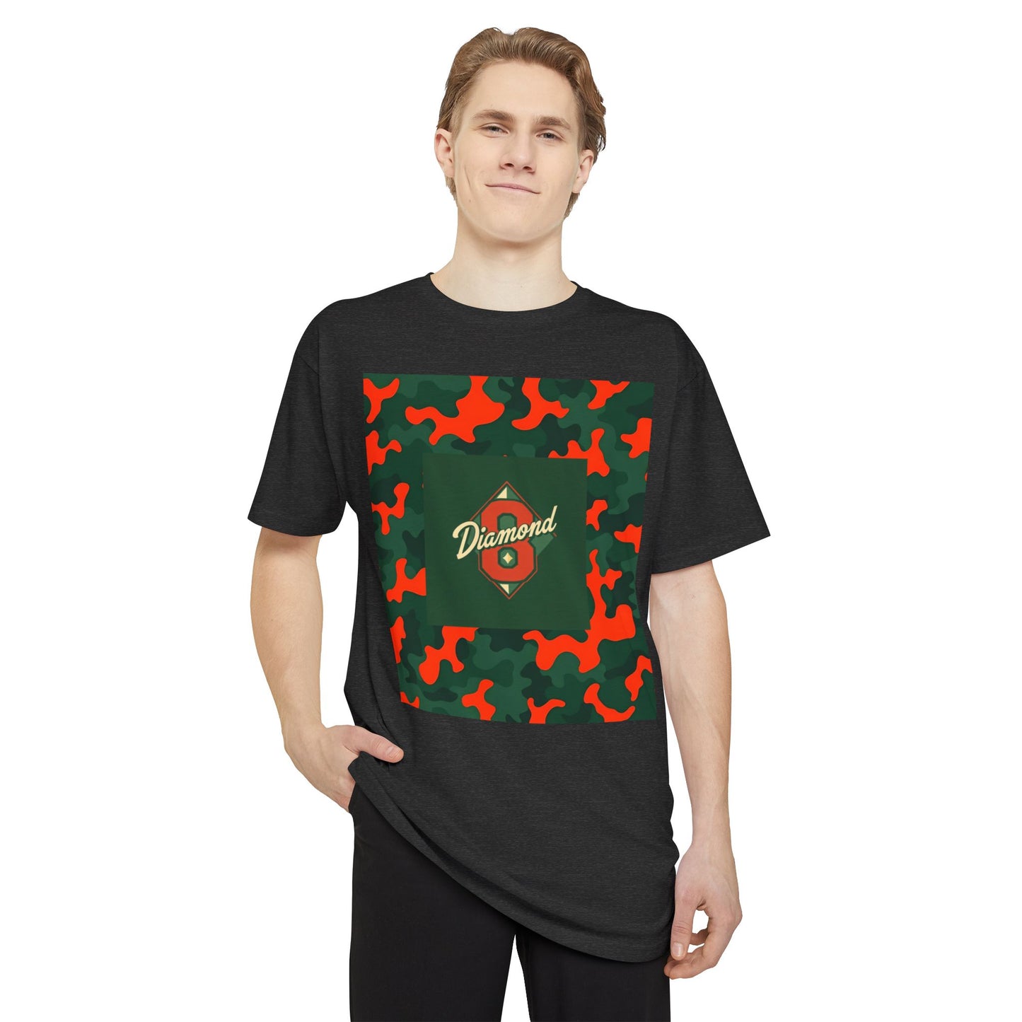 Urban Camo Long Body Tee, Trendy Streetwear, Summer Fashion Top, Unisex Casual Shirt, Gift for Him/Her - Green & Orange Camo Diamond 8