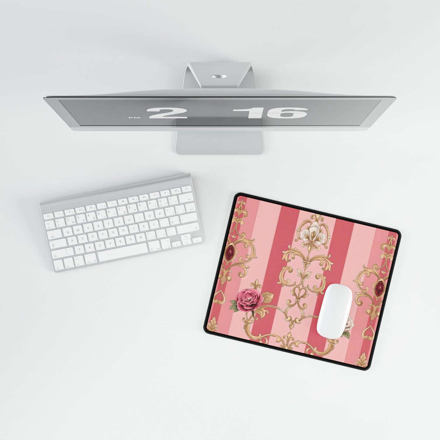 Elegant Floral Motif Desk Mat for Home Office Decor - Pink Striped Roses & Damask
