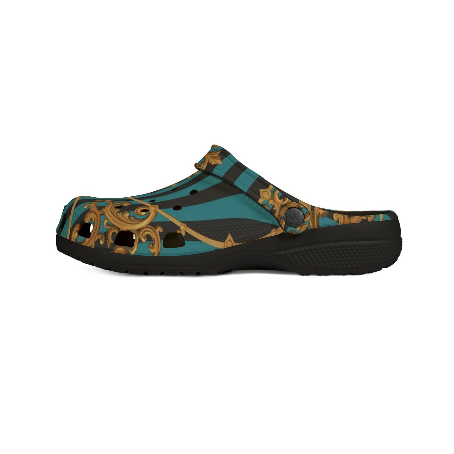 Stylish Turquoise & Black Striped Gold Baroque EVA Foam Rubber Shoes with Elegant Gold Pattern, Casual Footwear