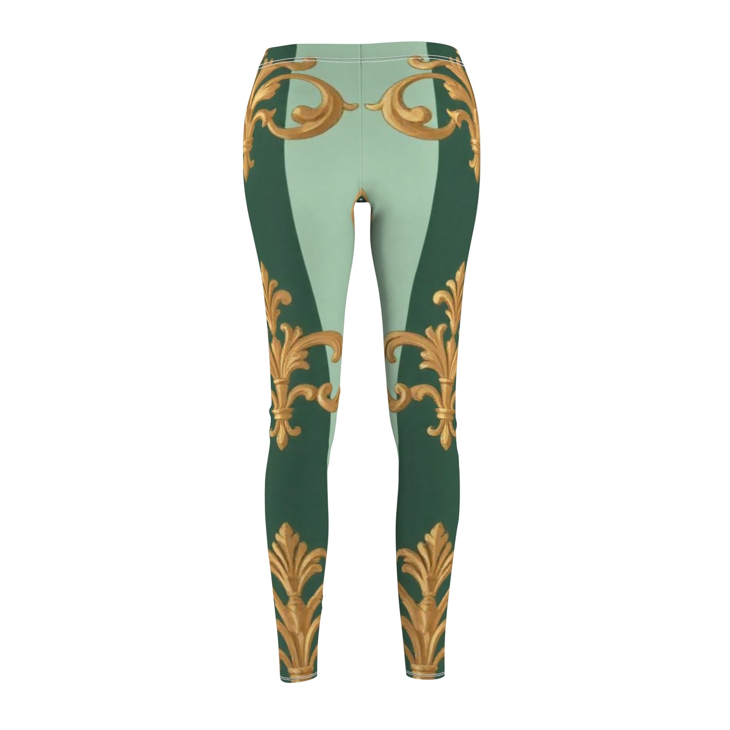 Elegant Floral Print Leggings for Women's Casual Wear, Stylish Activewear for Yoga, Fitness - Mint Green & Teal Striped Gold Baroque