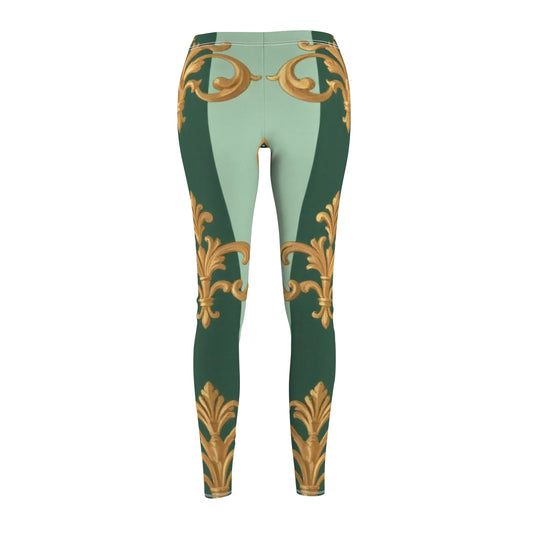 Elegant Floral Print Leggings for Women's Casual Wear, Stylish Activewear for Yoga, Fitness - Mint Green & Teal Striped Gold Baroque