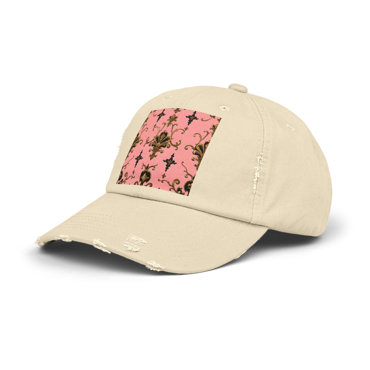 Chic Distressed Cap, Fashionable Baseball Hat, Casual Summer Headwear - Pink, Black & Gold Rococo